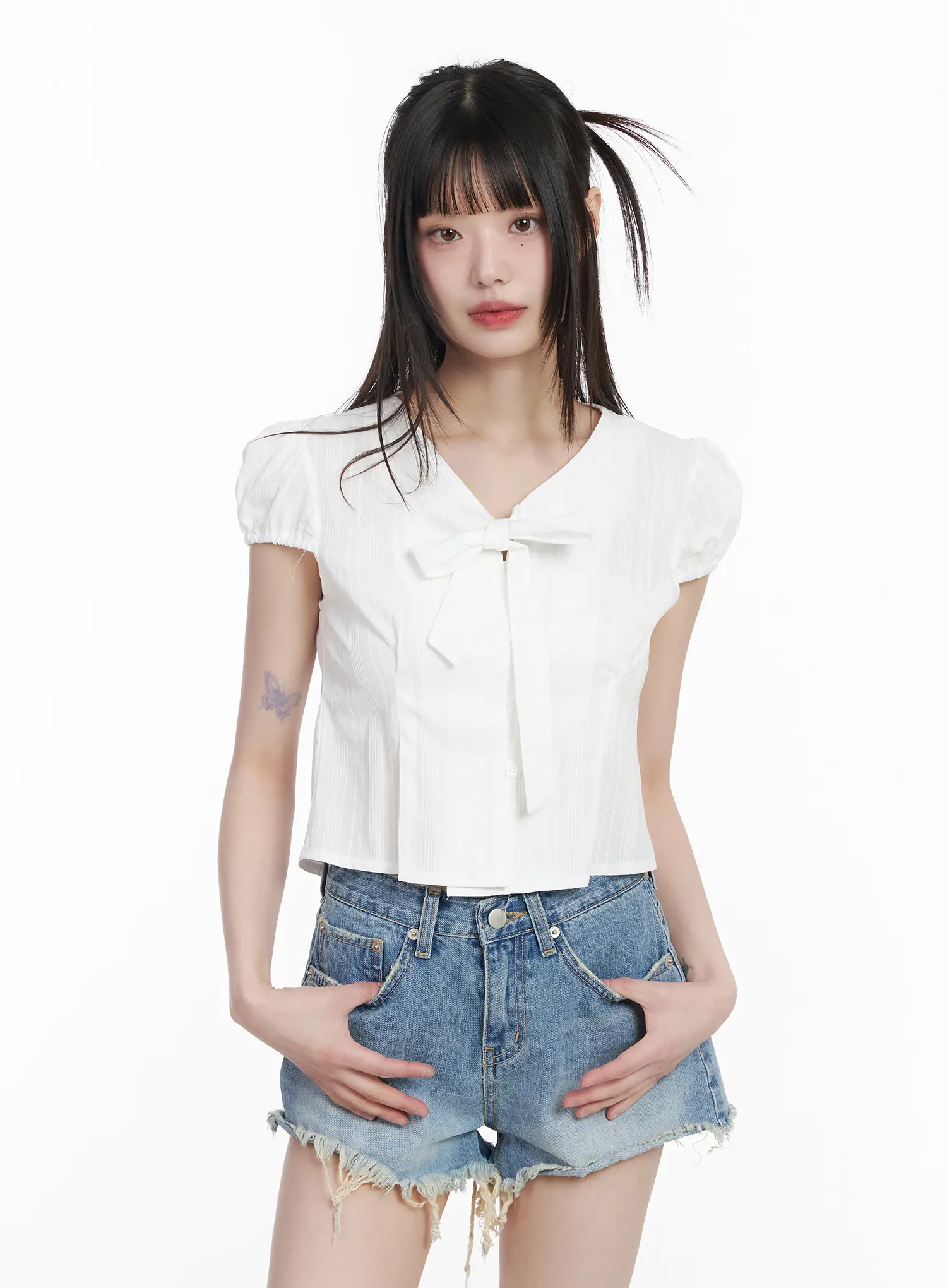 Chic Puff Sleeve Ribbon-Tie Blouse CM525 - Image 2