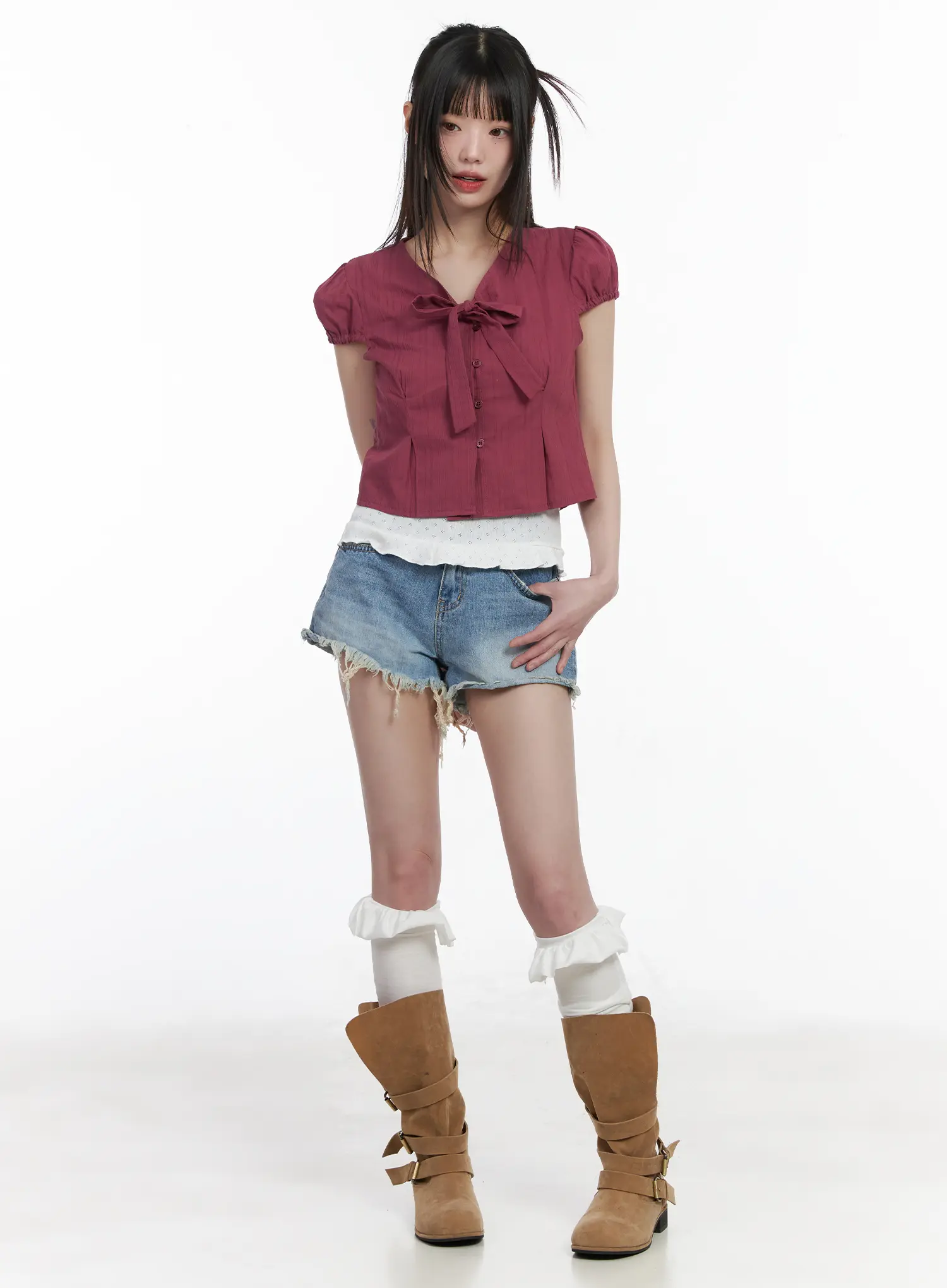 Chic Puff Sleeve Ribbon-Tie Blouse CM525 - Image 3