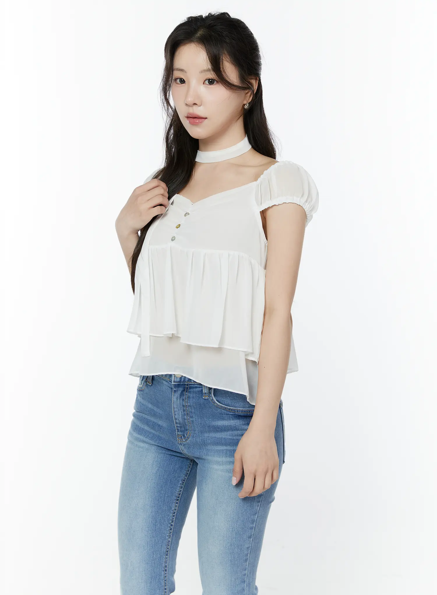 Chiffon Layered Blouse And Skinny Scarf Set IY511 - Image 13