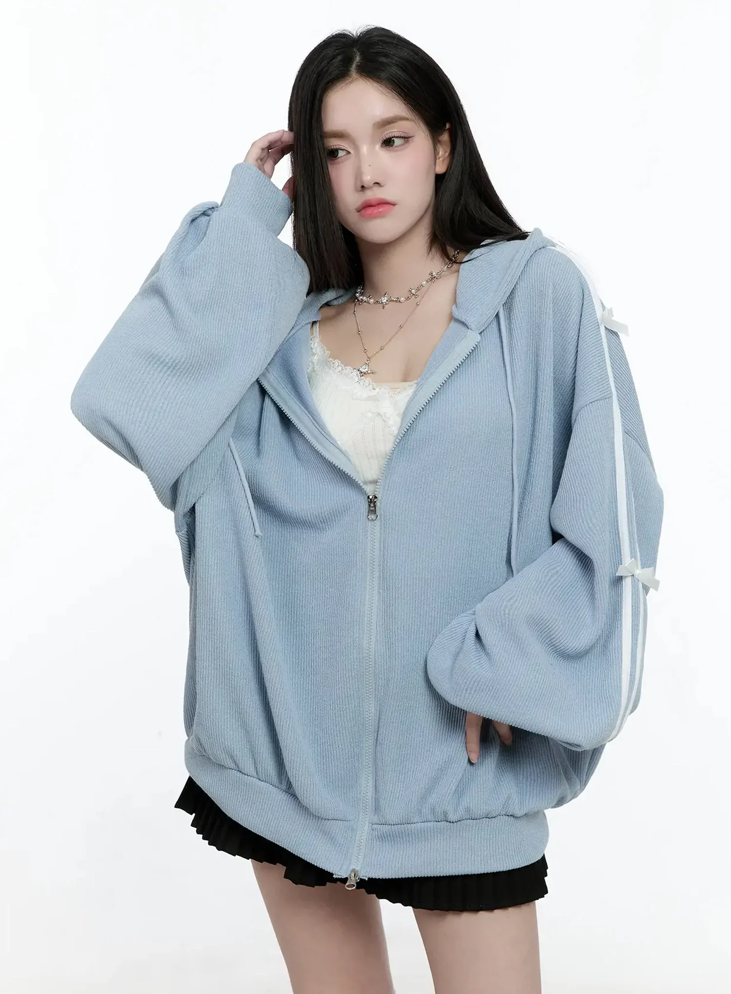Contrast Oversized Zip-Up Hoodie IO527 - Image 5