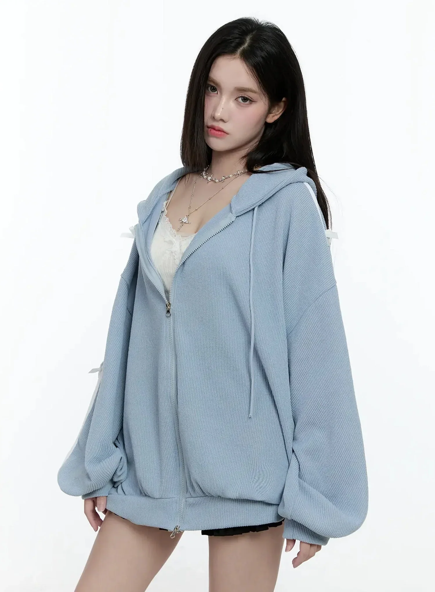 Contrast Oversized Zip-Up Hoodie IO527 - Image 7