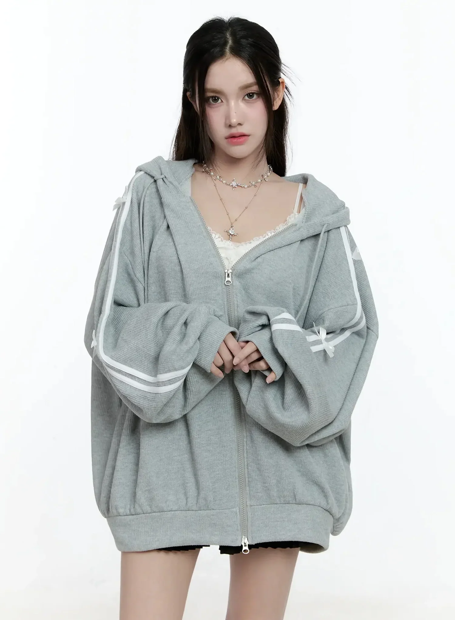 Contrast Oversized Zip-Up Hoodie IO527 - Image 9