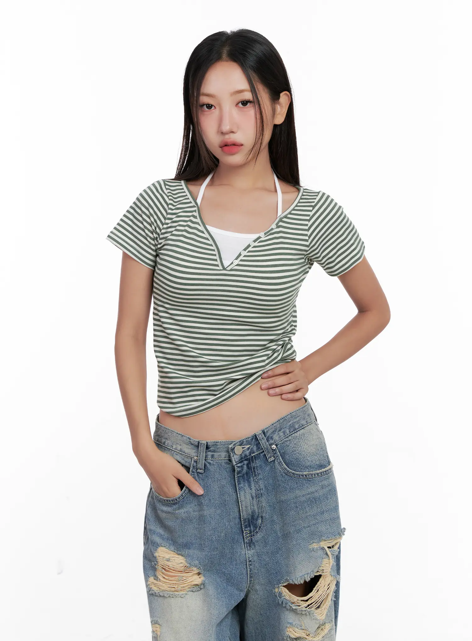 Contrast Stripe Layered Halter Tee CL518 - Image 8