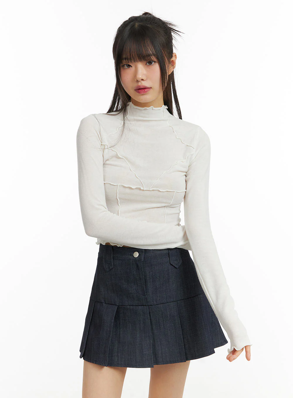 Contrasting Binding Turtleneck Long Sleeve Top CJ415 - Image 4