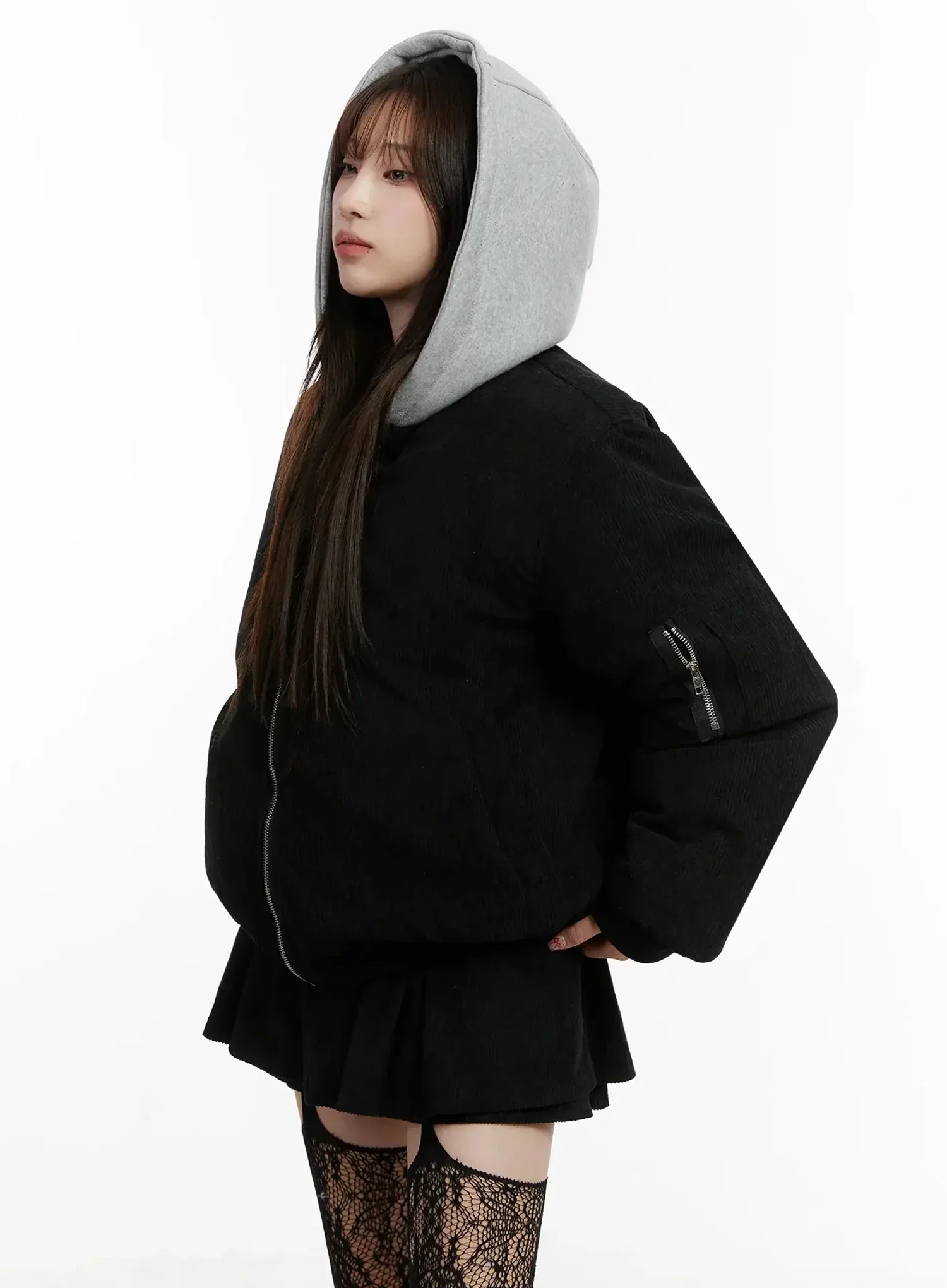 Corduroy Hooded Bomber Jacket IJ521 - Image 7