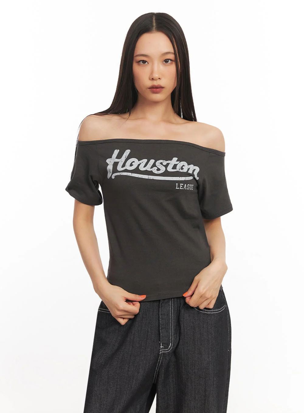 Cotton Graphic Off-Shoulder T-Shirt IA507 - Image 16