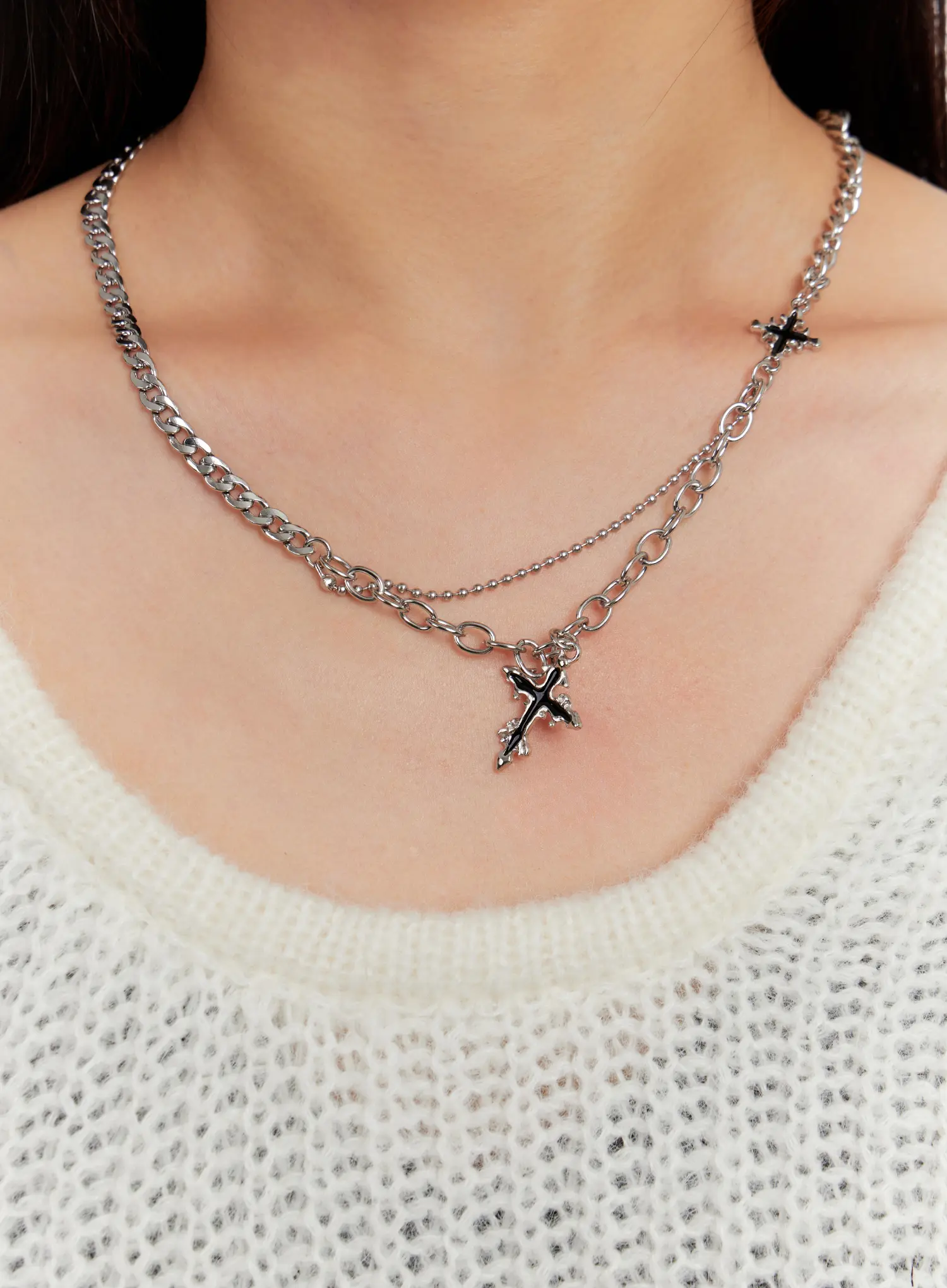 Cross Charm Dual Chain Necklace IO527 - Image 2