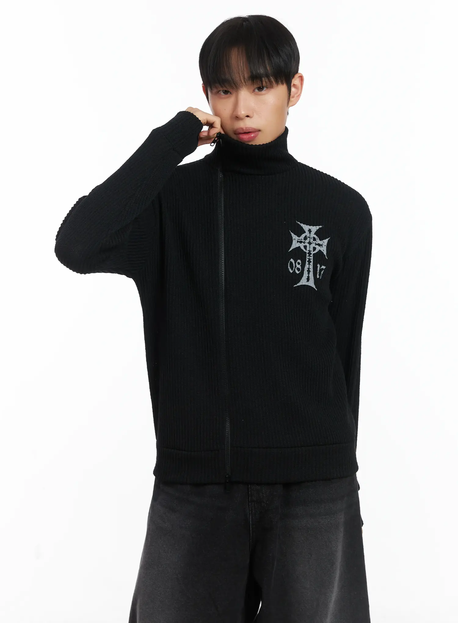 Cross Print High Neck Zip-Up Cardigan ID515