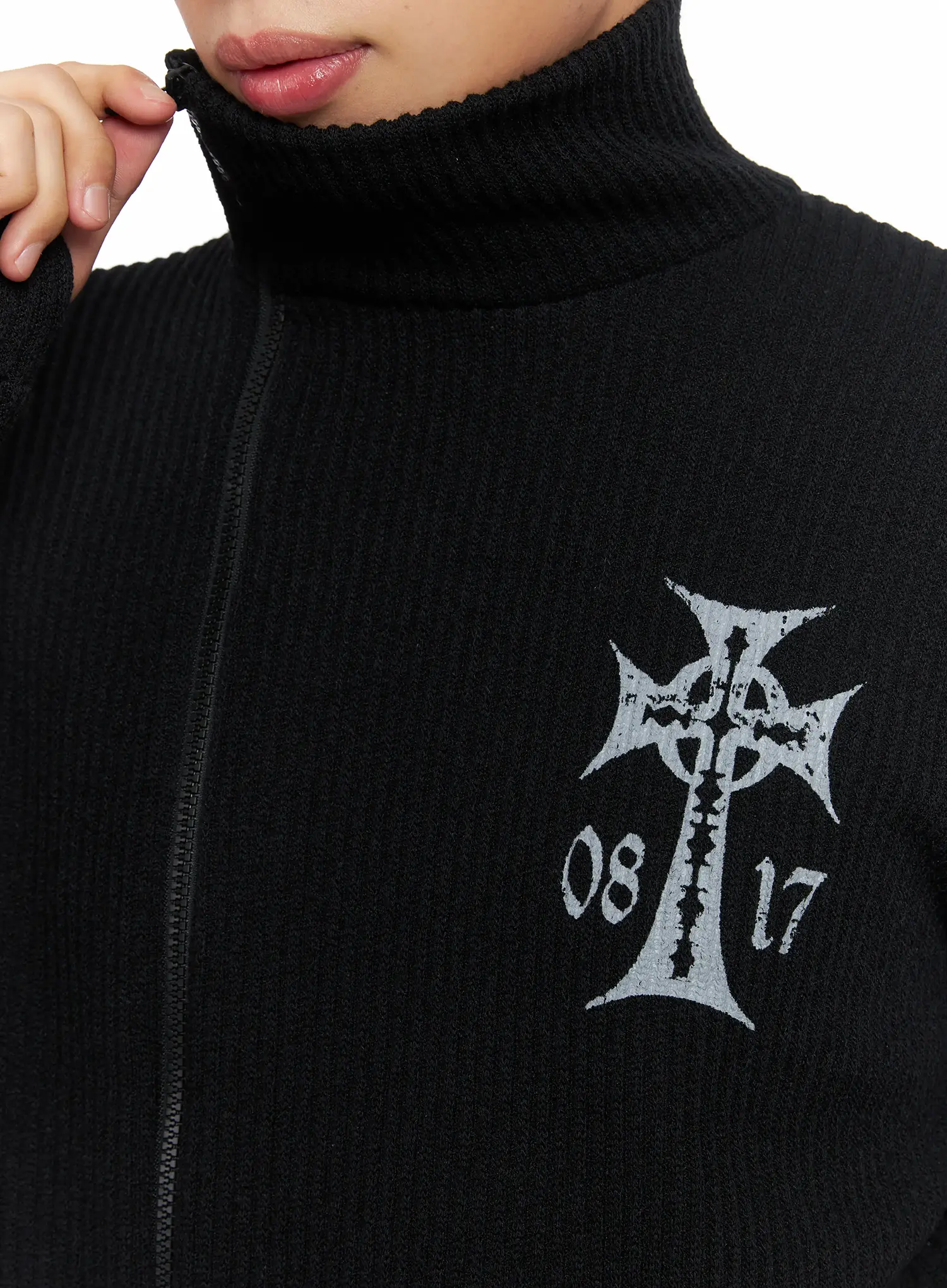 Cross Print High Neck Zip-Up Cardigan ID515 - Image 10