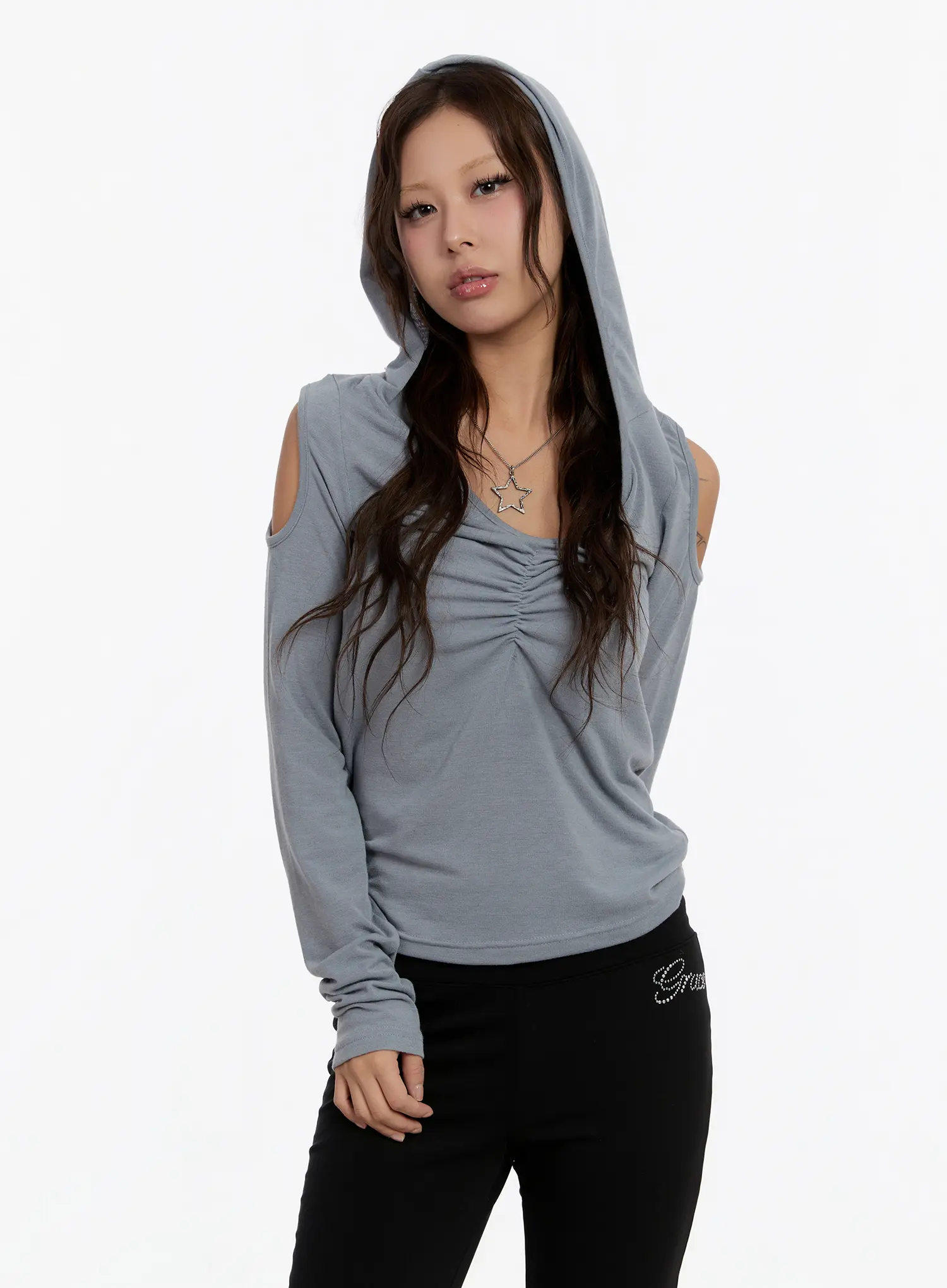 Cut-Out Shirred Hoodie CN527 - Image 2