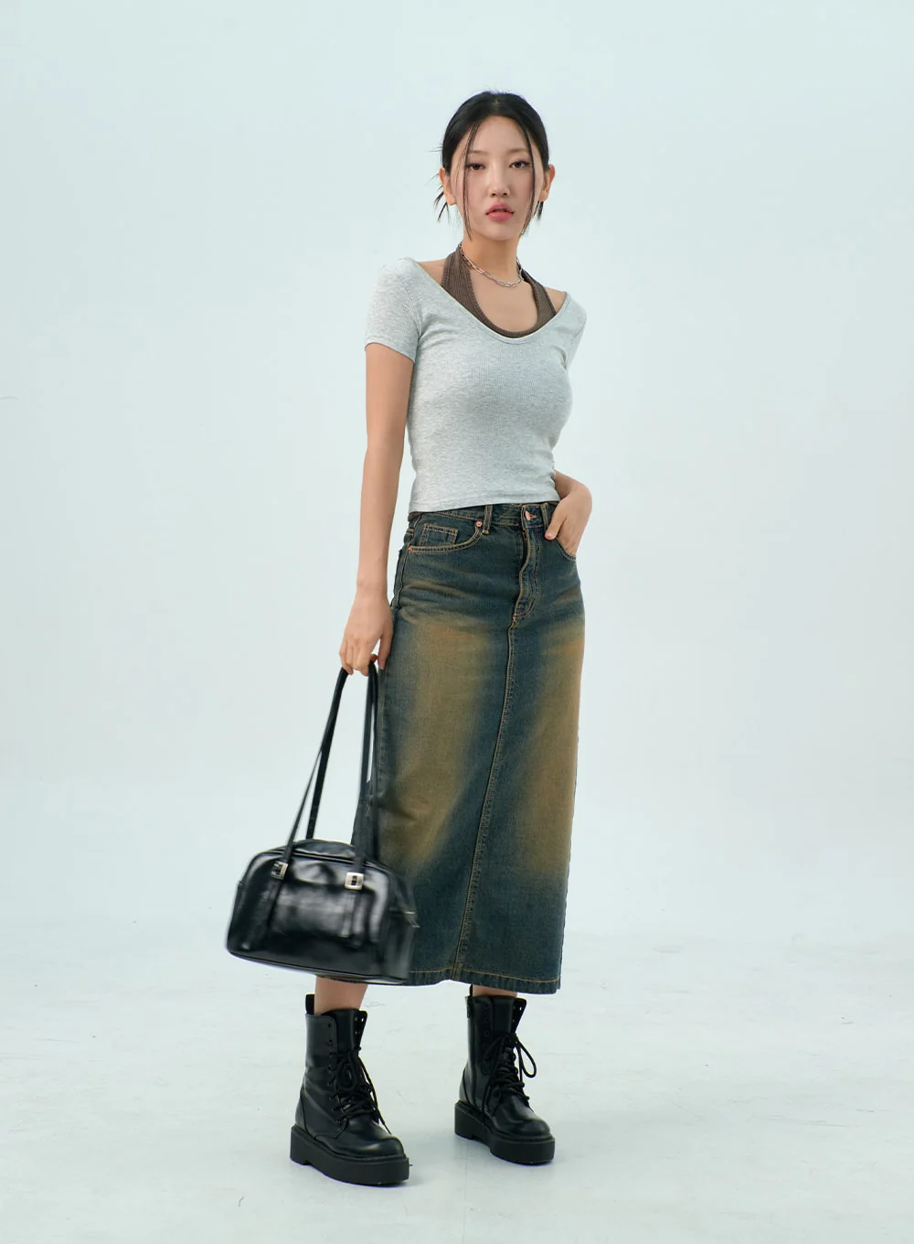 Dark Wash Denim Maxi Skirt CY325 - Image 13