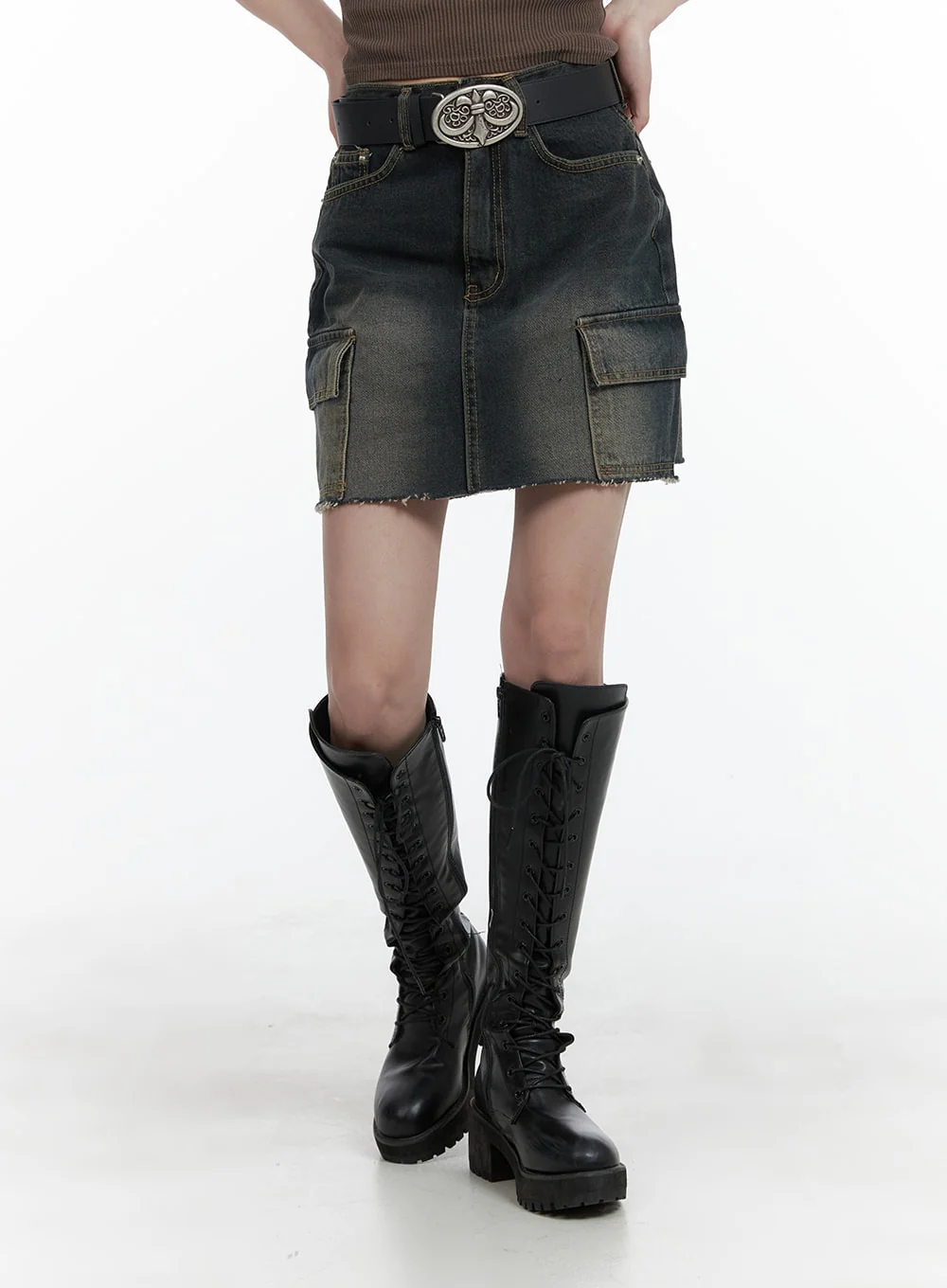 Destroyed Hem Cargo Denim Mini Skirt CA402 - Image 4