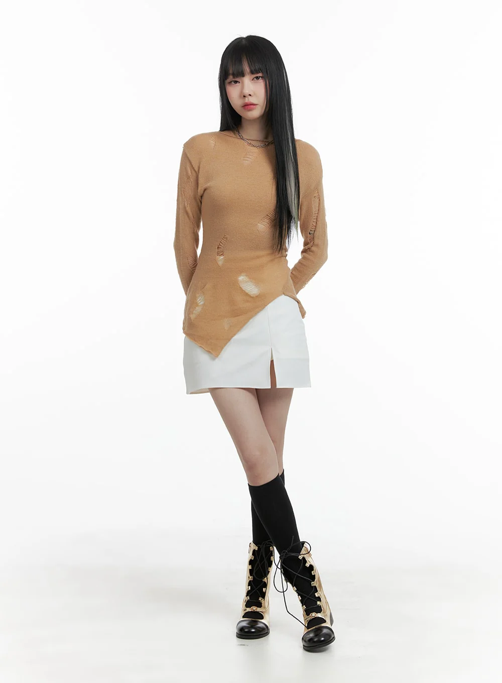 Destroyed Unbalanced Edge Knit Top OM426 - Image 2