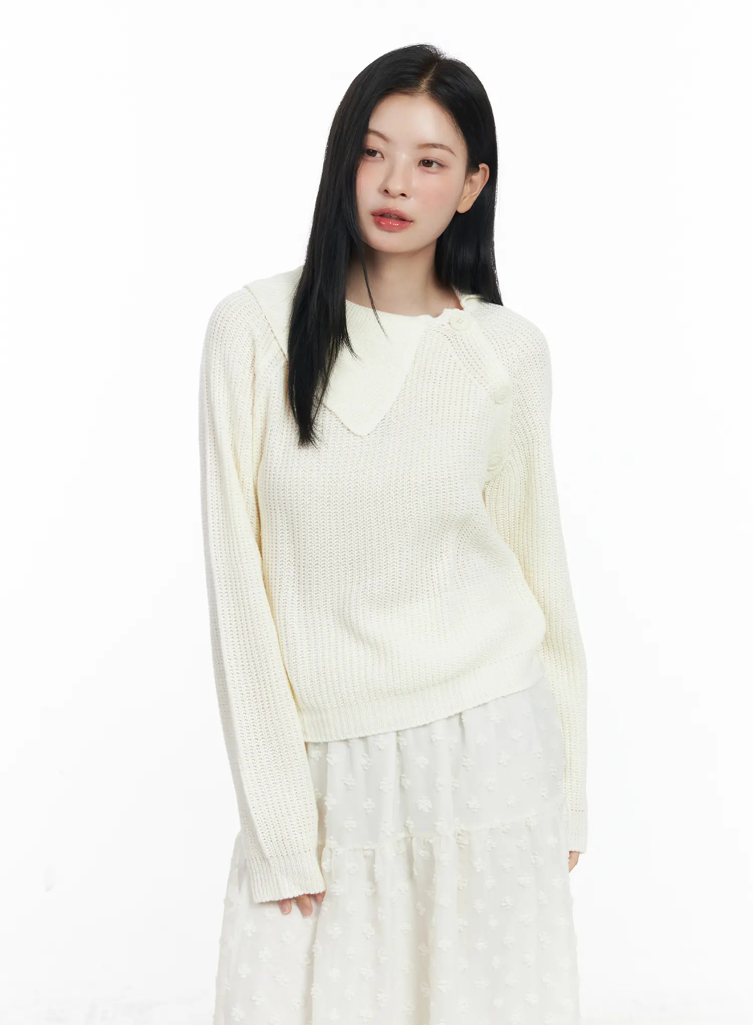 Diagonal Button Collar Knit Top CJ519 - Image 10