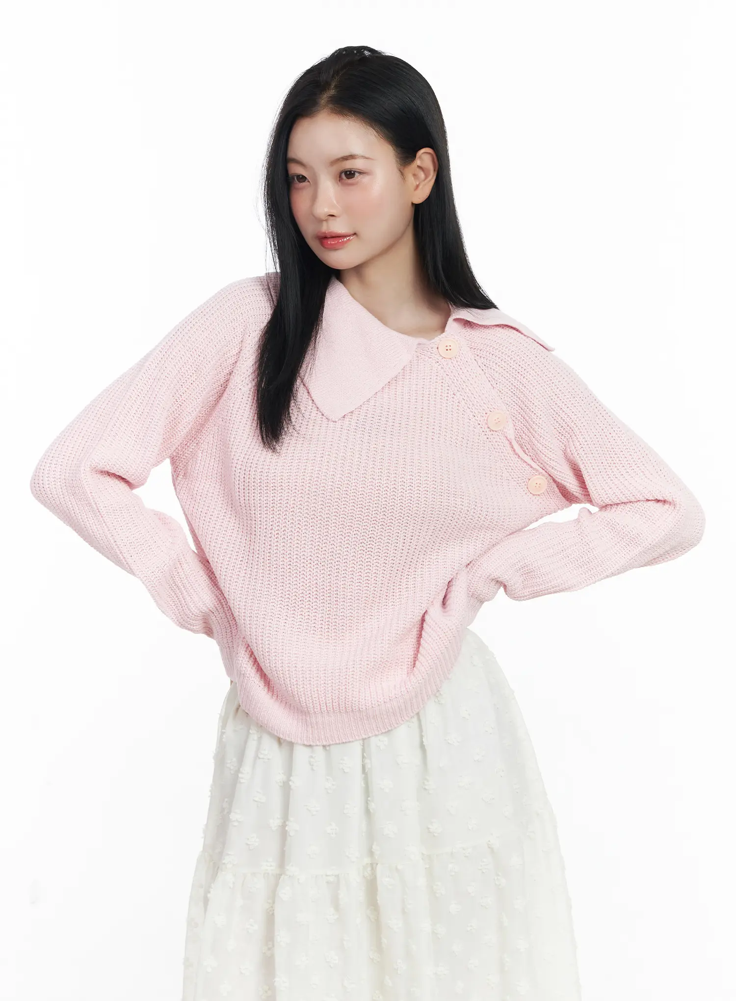 Diagonal Button Collar Knit Top CJ519 - Image 11