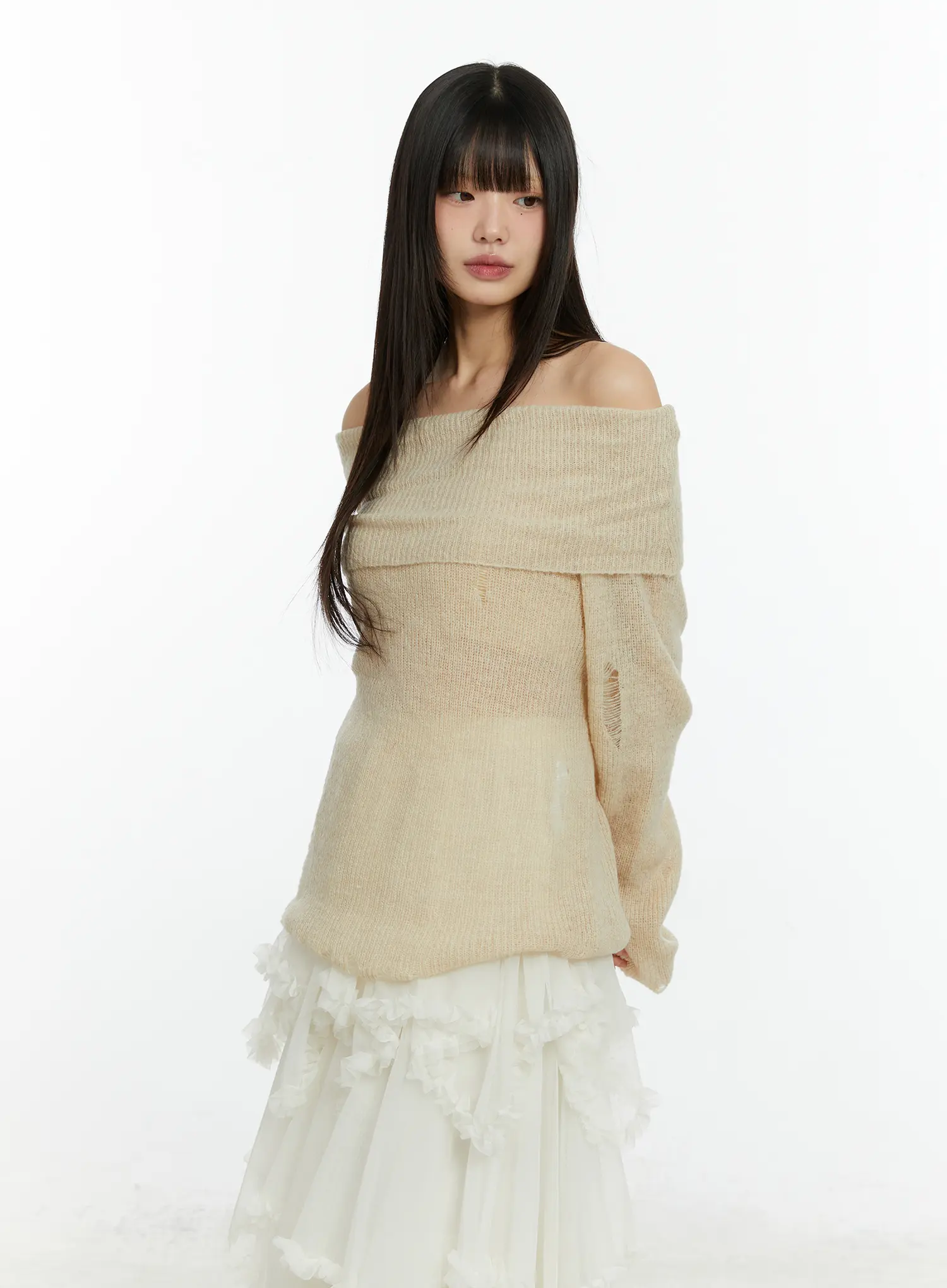Distressed Off-Shoulder Knit Top CF510 - Image 2