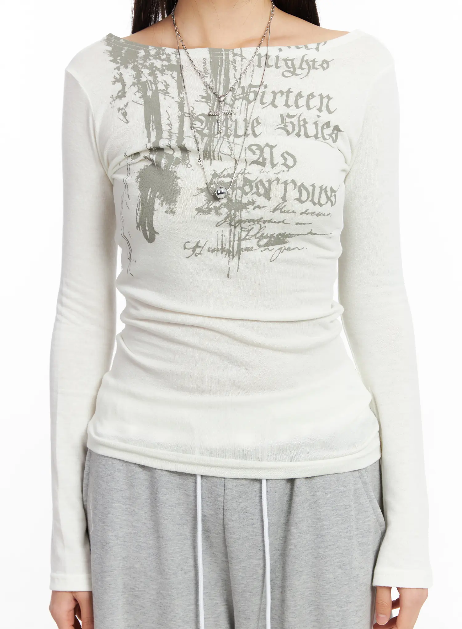 Edgy Boat Neck Graphic Long Sleeve Tee CF506 - Image 6