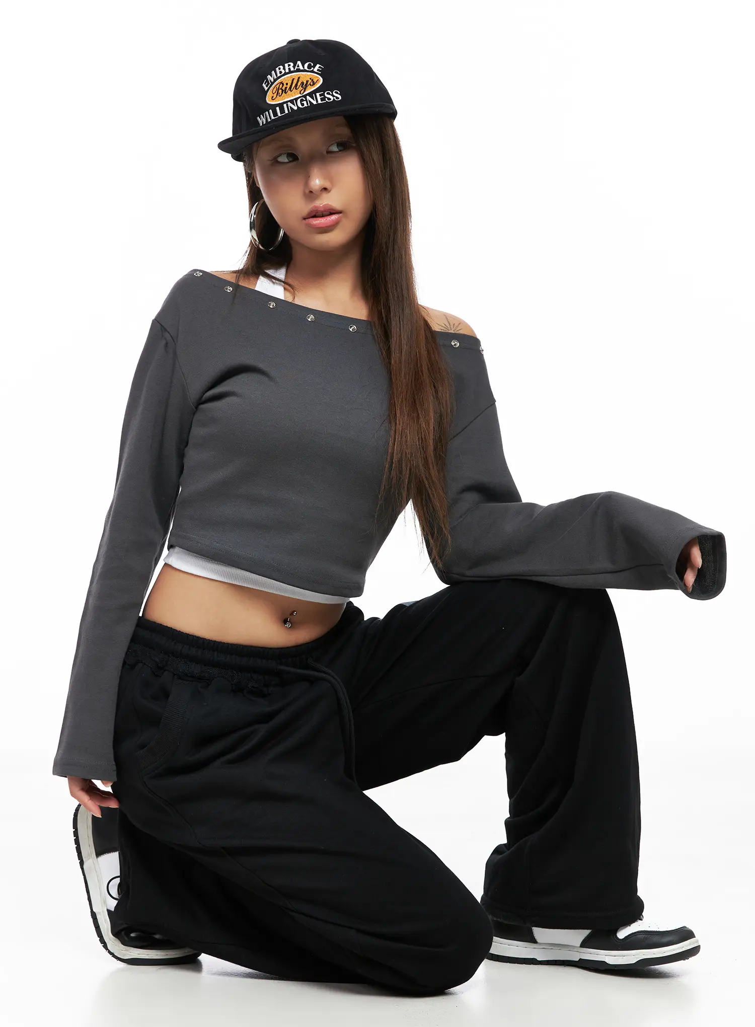 Eyelet Off-Shoulder Long Sleeve Crop Top CO510