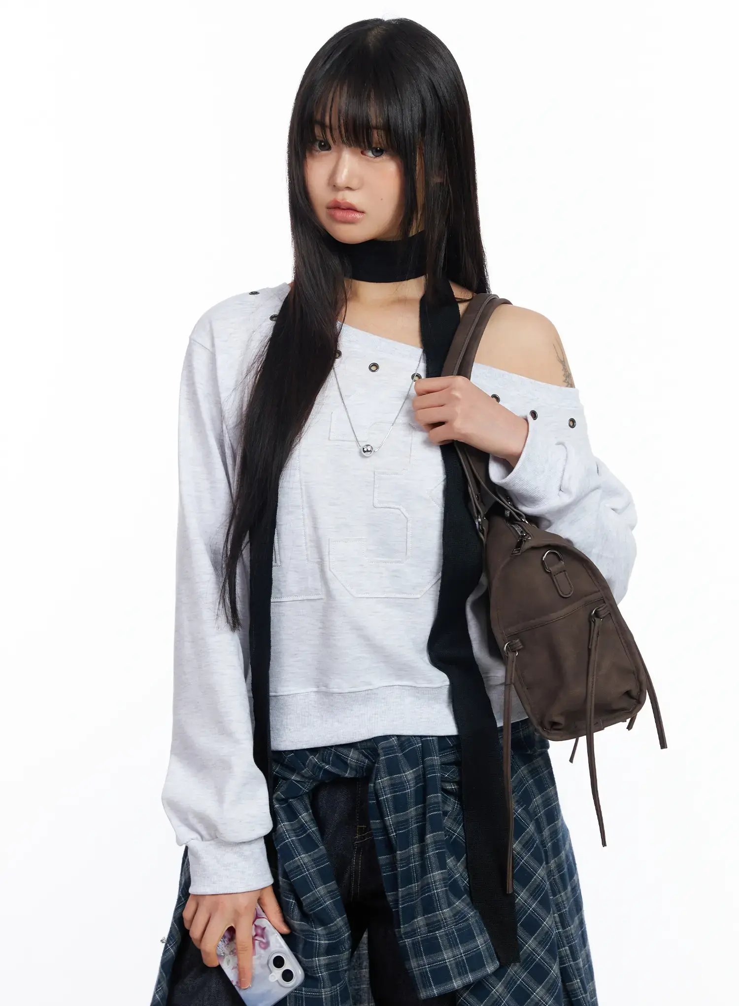 Eyelet Trimmed Off-Shoulder Sweatshirt CF504