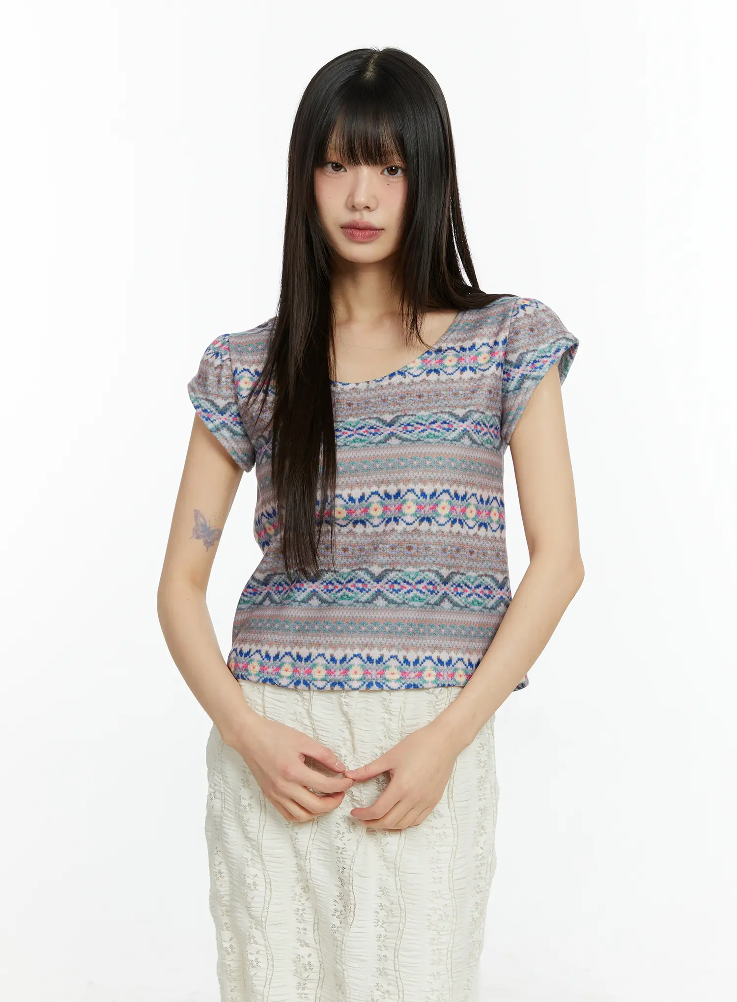 Fair Isle Puff Short Sleeve Top CF509 - Image 2