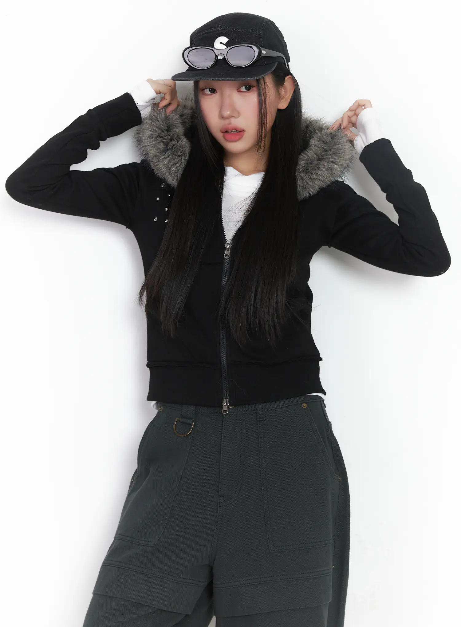 Faux Fur Fleece Eyelet Crop Hoodie CJ514