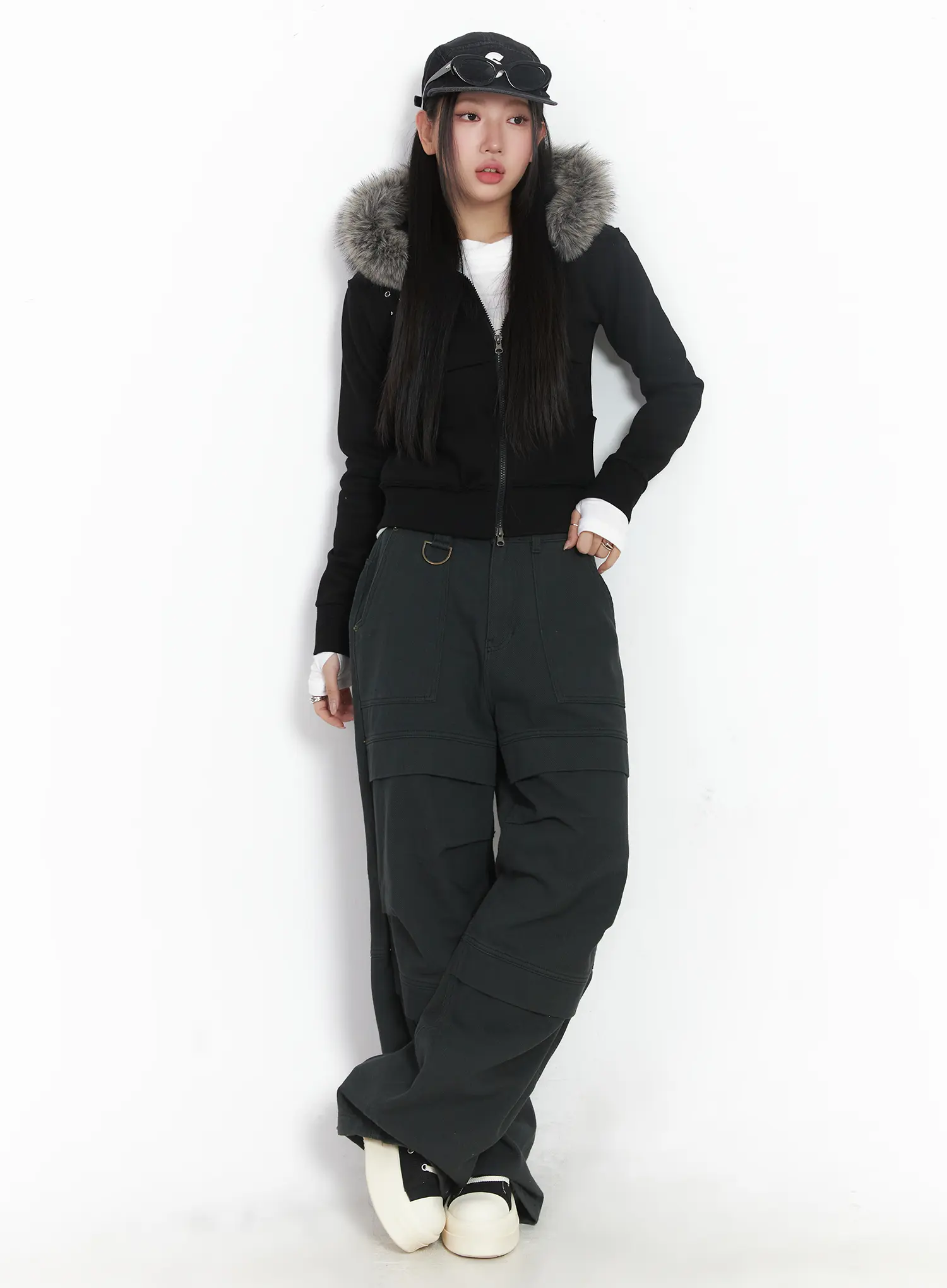 Faux Fur Fleece Eyelet Crop Hoodie CJ514 - Image 3