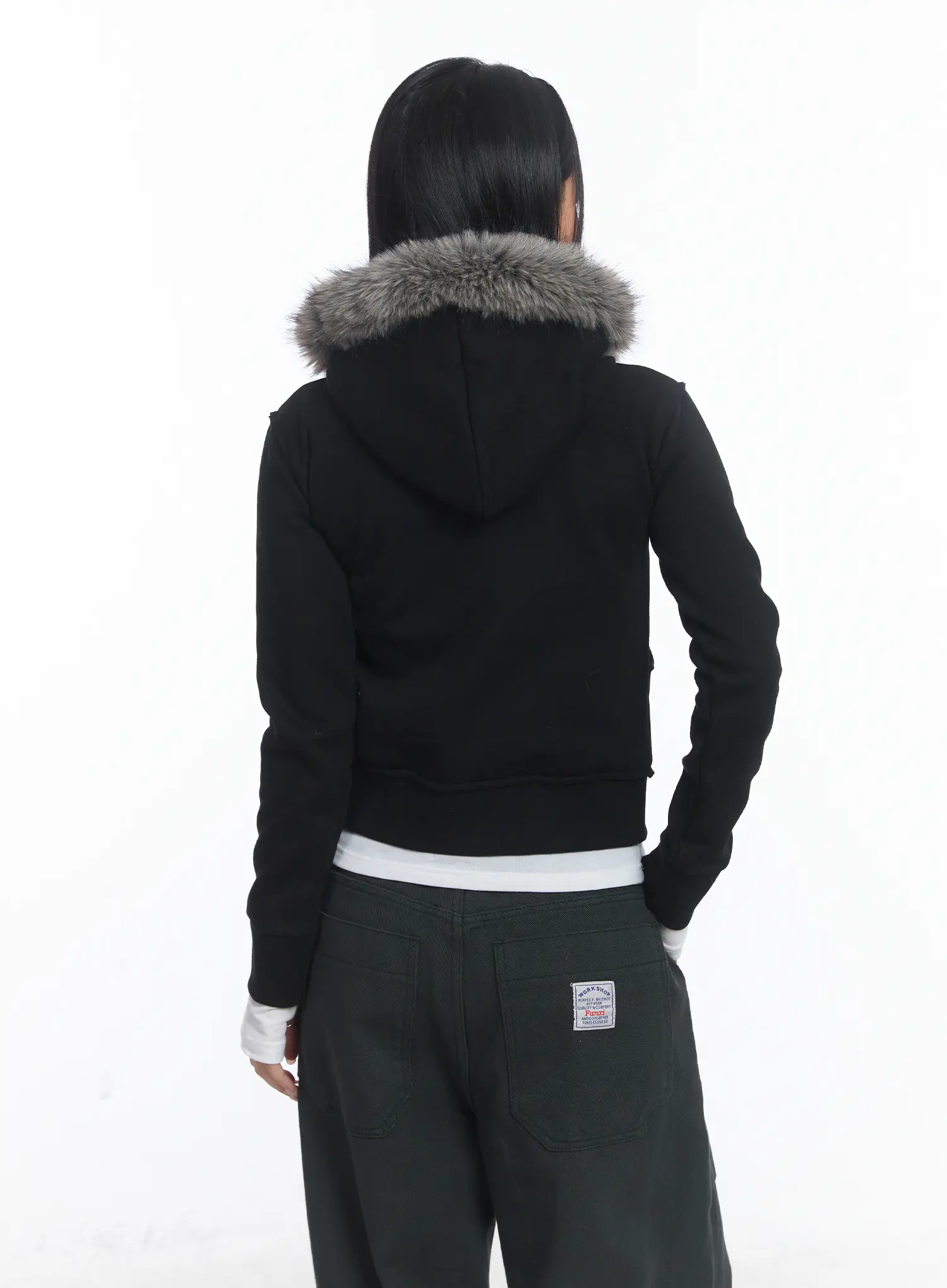 Faux Fur Fleece Eyelet Crop Hoodie CJ514 - Image 7