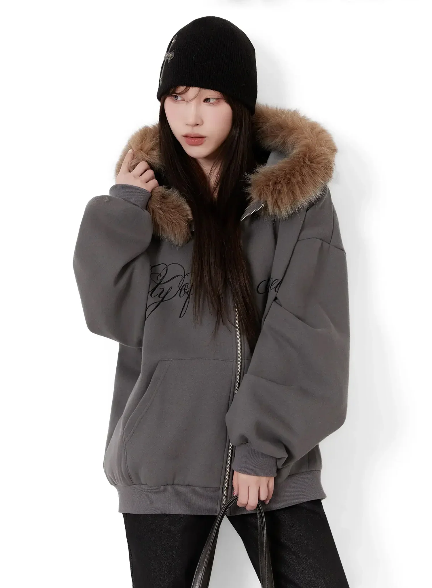 Faux Fur Printed Zip-Up Hoodie ID531