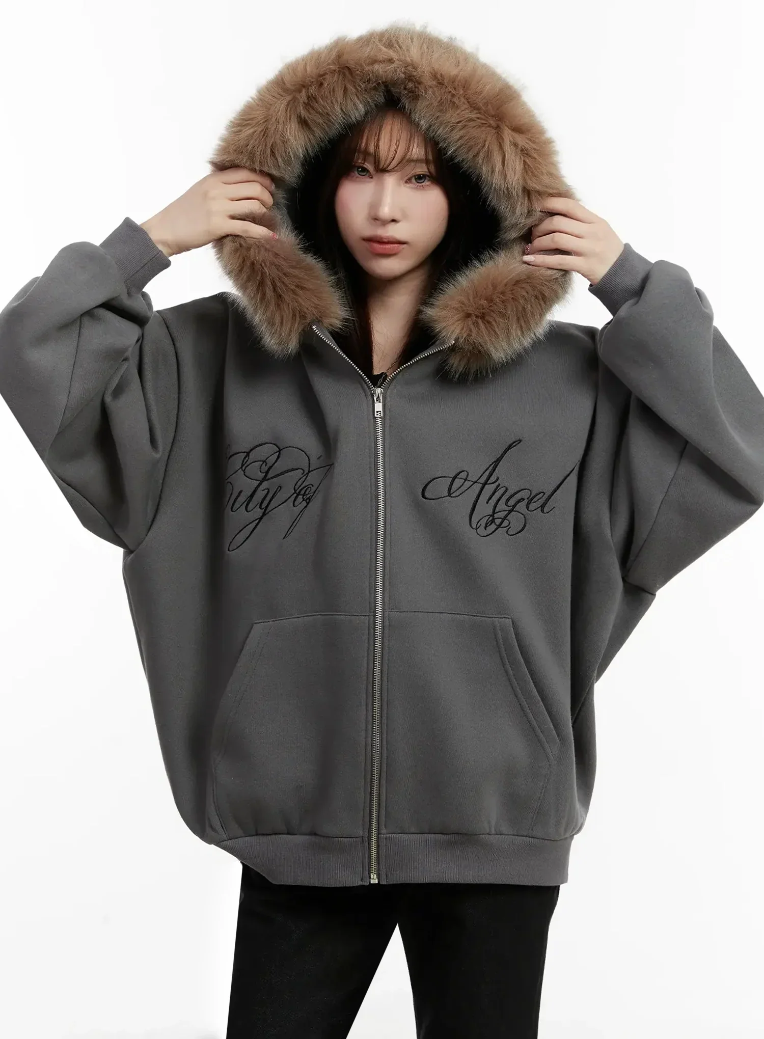 Faux Fur Printed Zip-Up Hoodie ID531 - Image 5