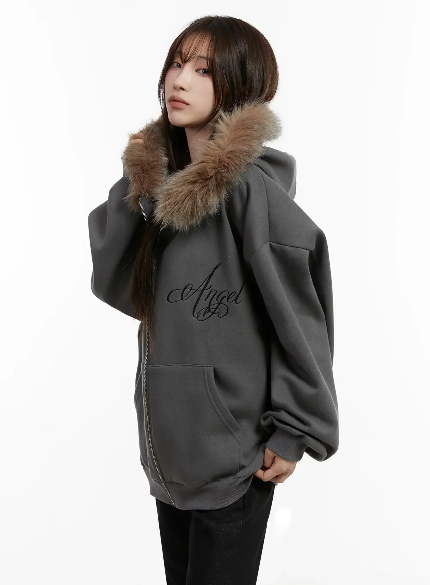Faux Fur Printed Zip-Up Hoodie ID531 - Image 6