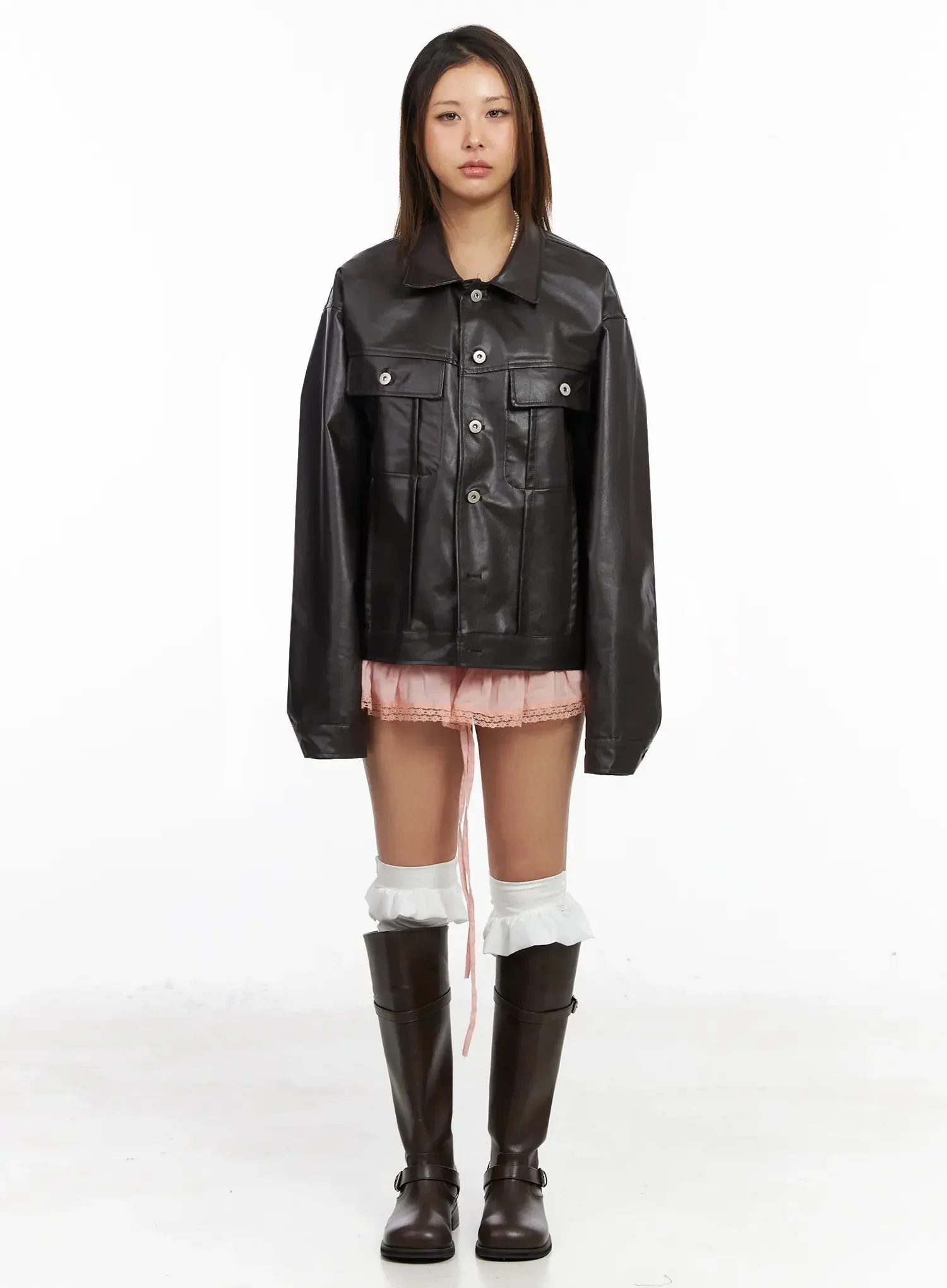 Faux Leather Trucker Jacket IY501 - Image 9