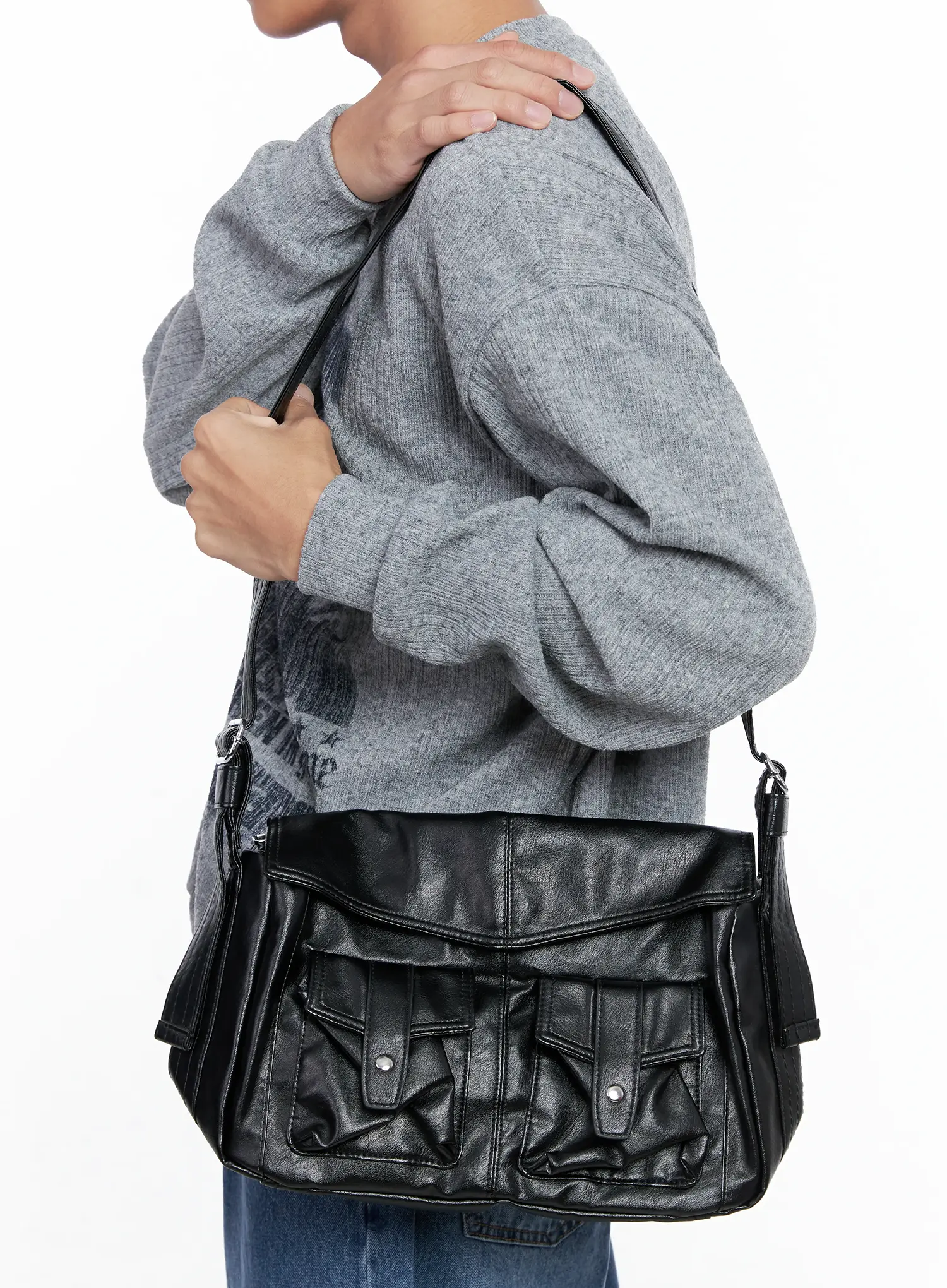 Faux Leather Two-Pocket Crossbody Bag IO506