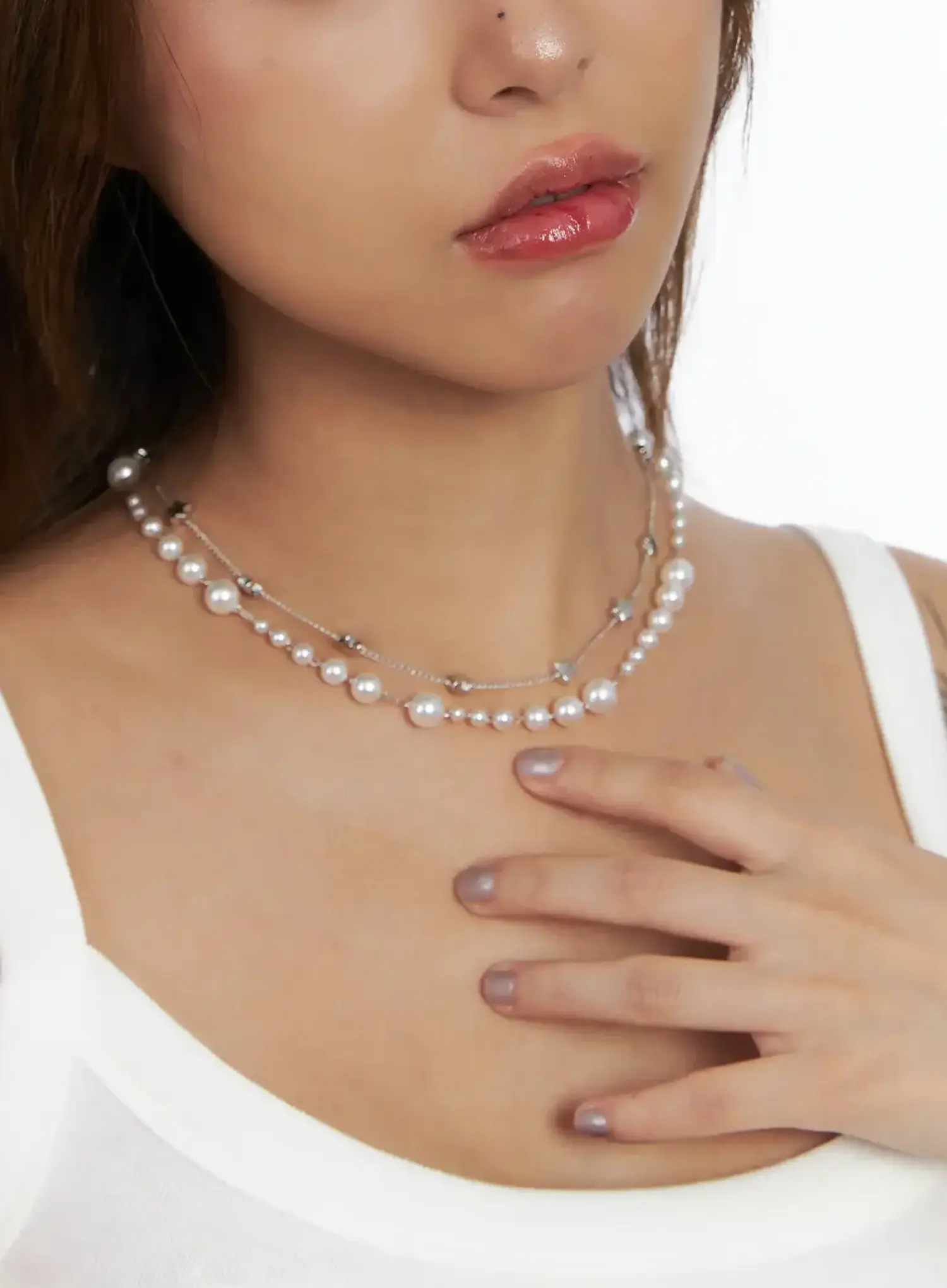 Faux-Pearl Charm Layered Necklace IN510 - Image 4