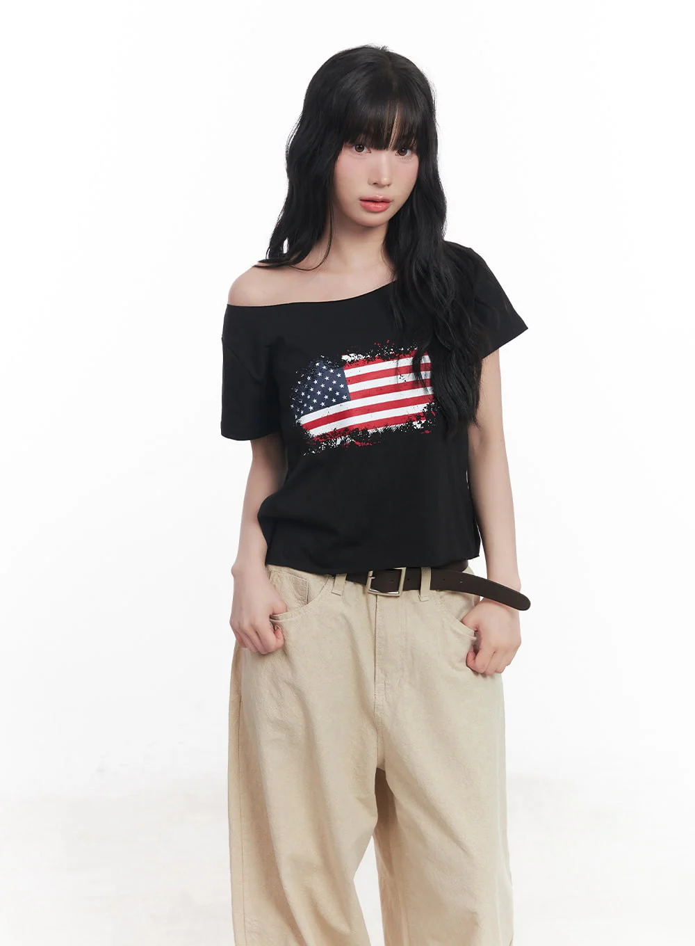 Flag Graphic Off-Shoulder Crop Tee CY527 - Image 9