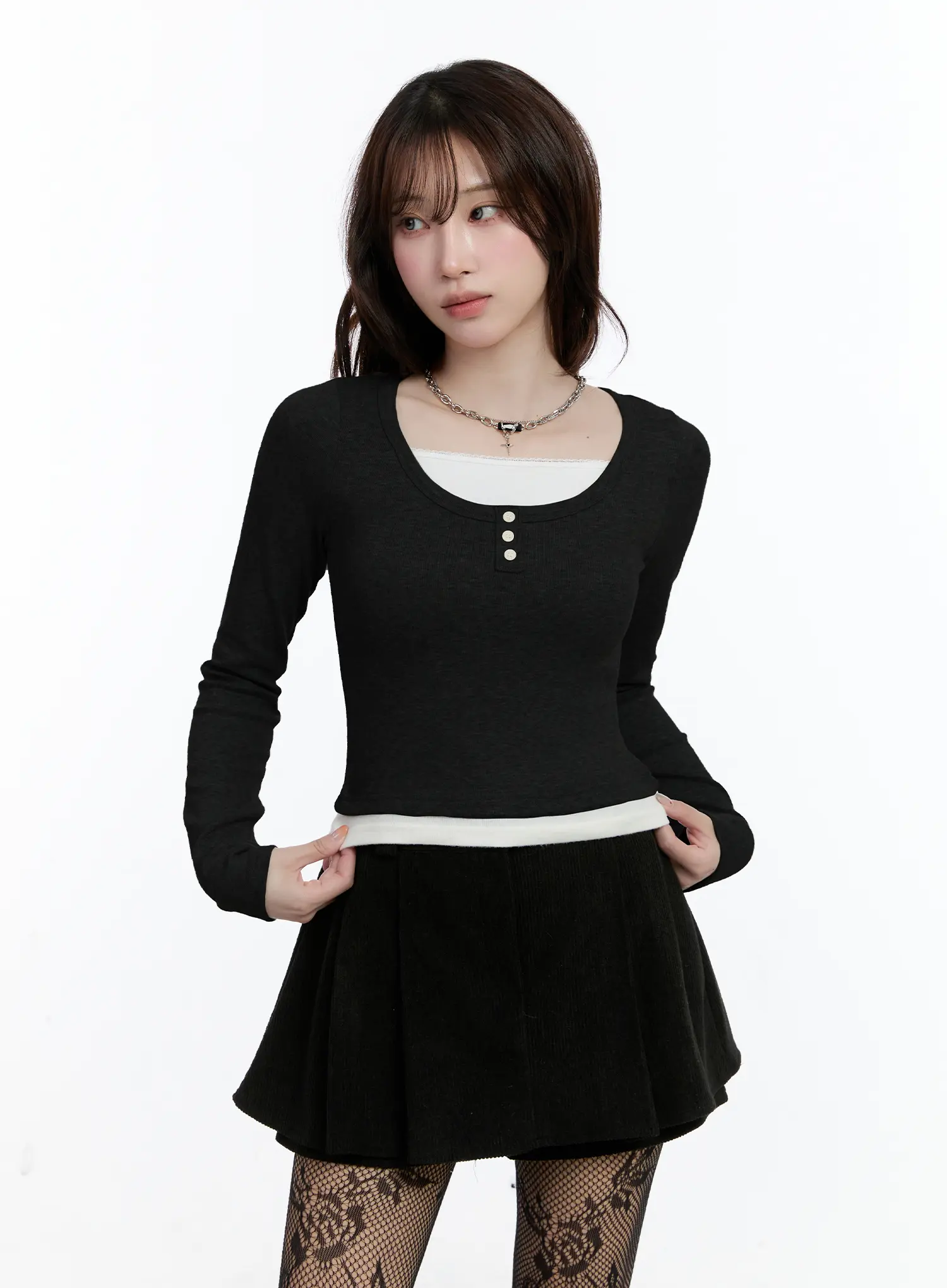 Fleece-Lined Layered Henley Top CN525 - Image 7