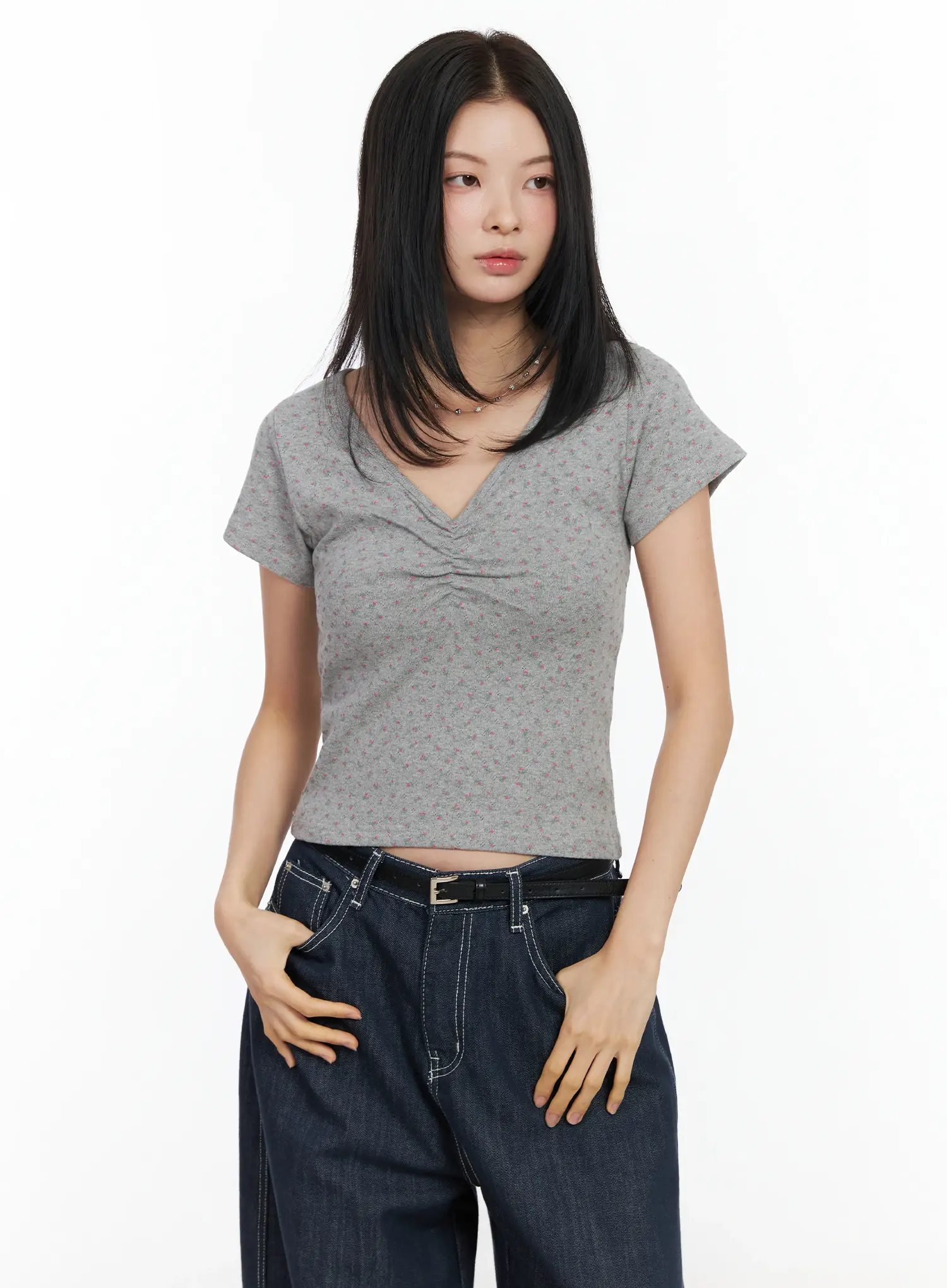 Floral Print V-Neck Tee IM524 - Image 2