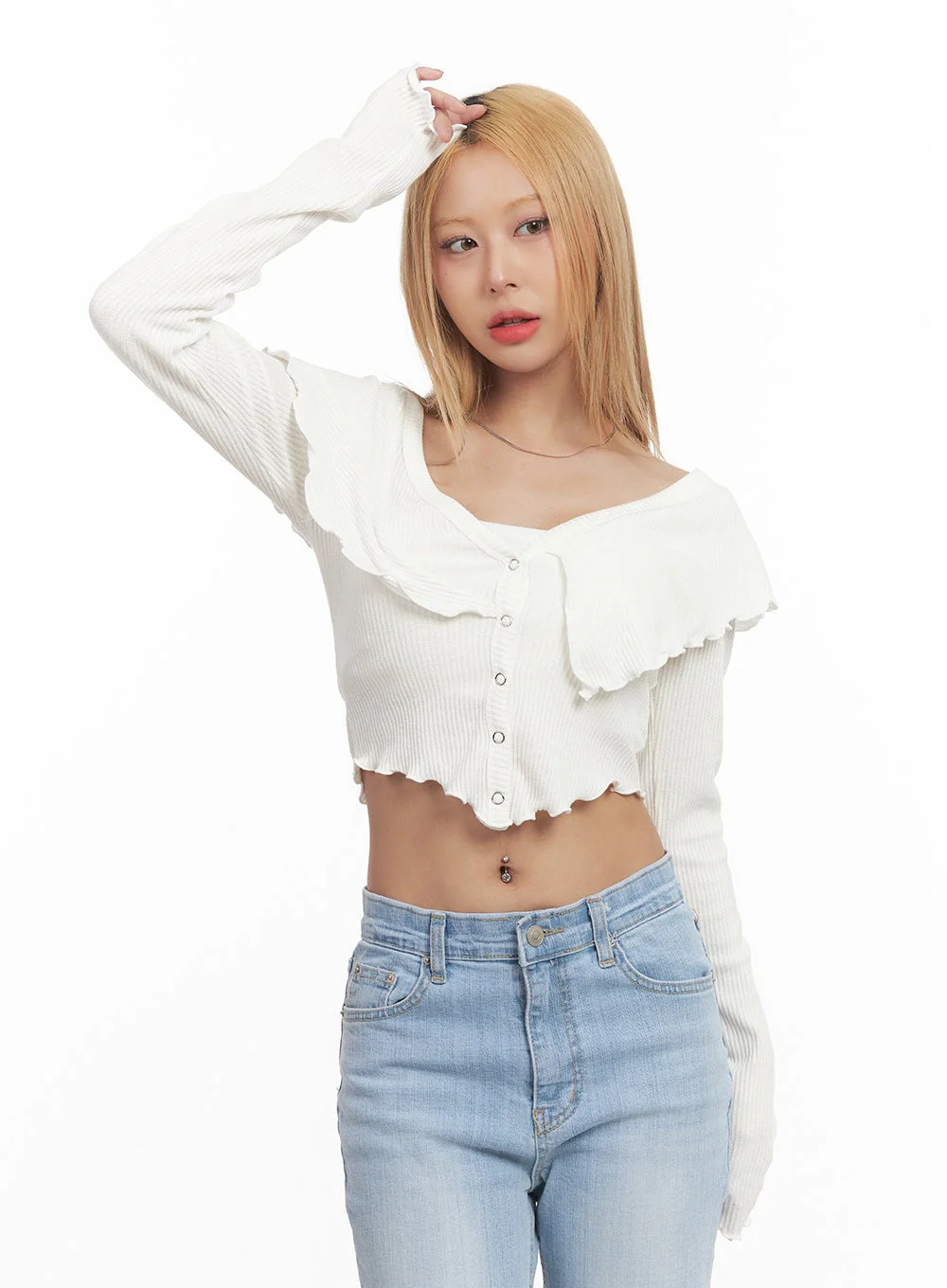 Frill Layered Long-Sleeve Button Crop Top CM505 - Image 12