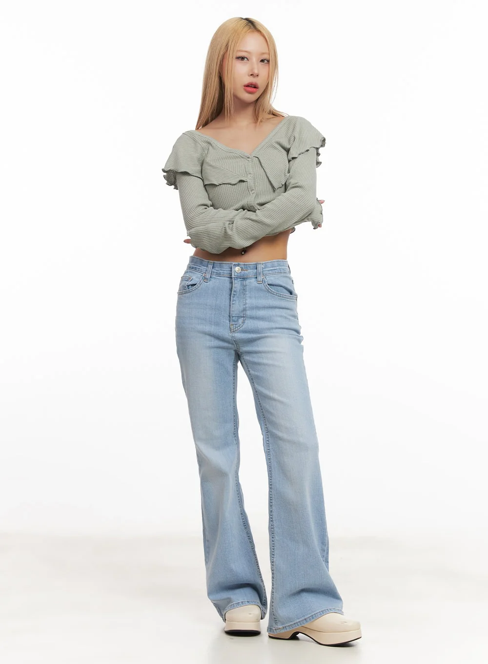 Frill Layered Long-Sleeve Button Crop Top CM505 - Image 5
