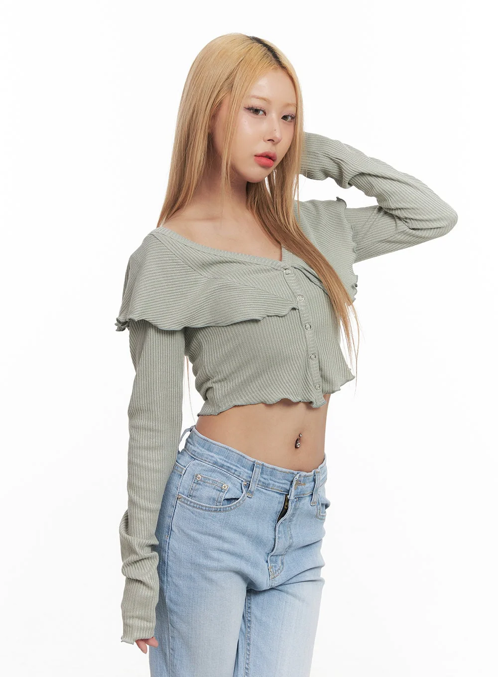 Frill Layered Long-Sleeve Button Crop Top CM505 - Image 6
