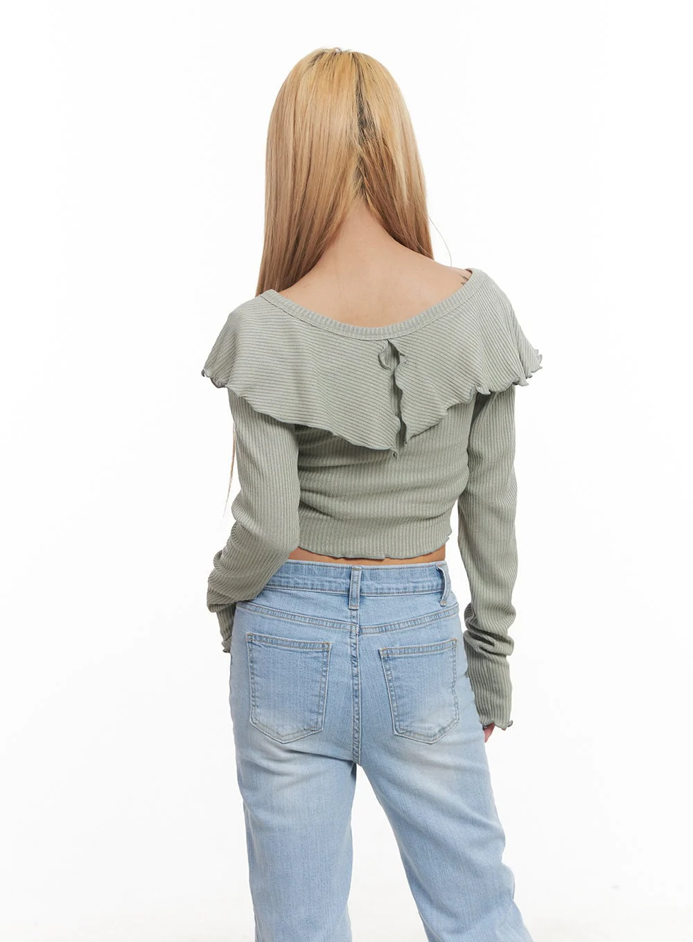 Frill Layered Long-Sleeve Button Crop Top CM505 - Image 8