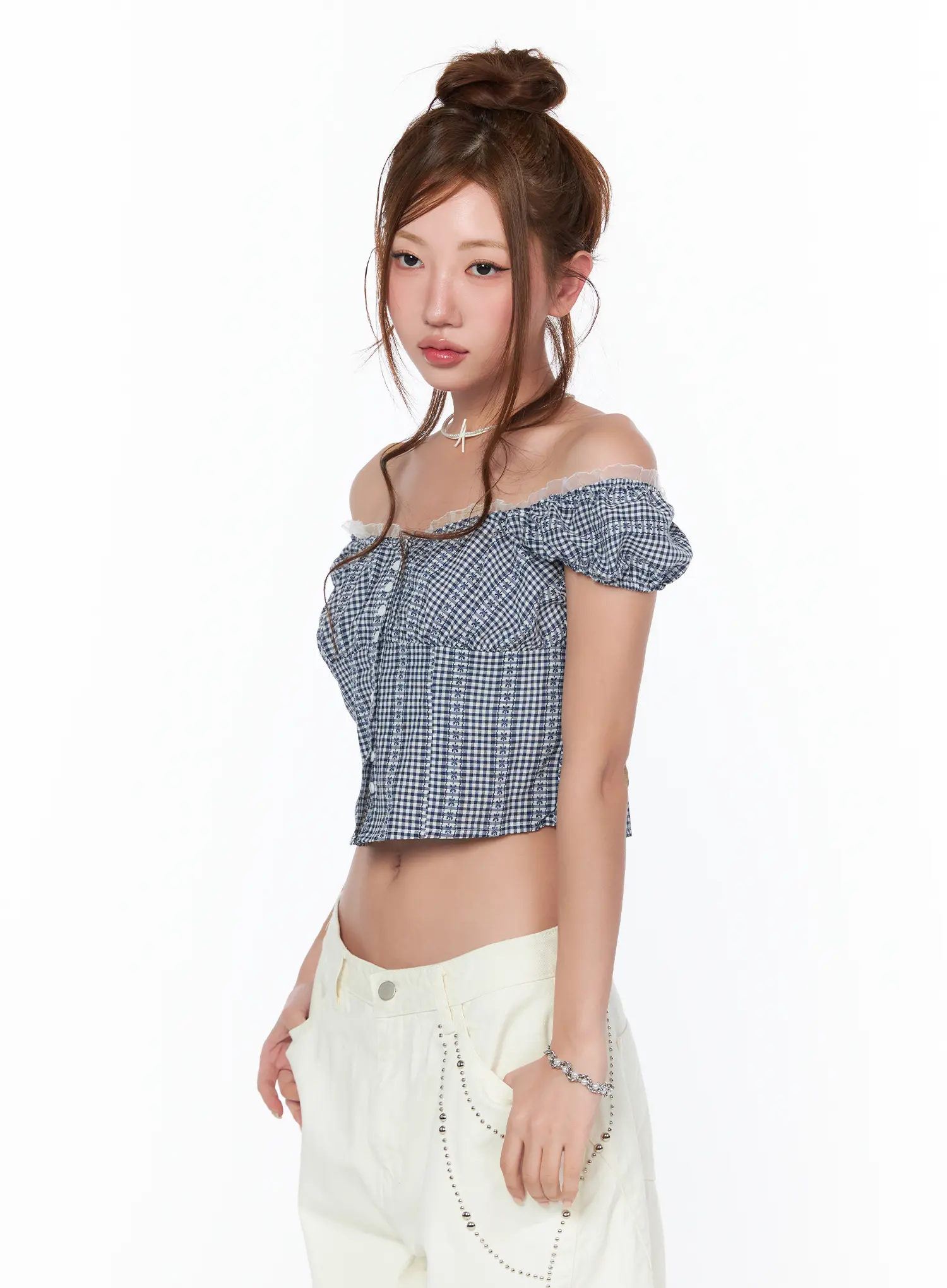 Frill Trimmed Gingham Short Sleeve Blouse CA514 - Image 11