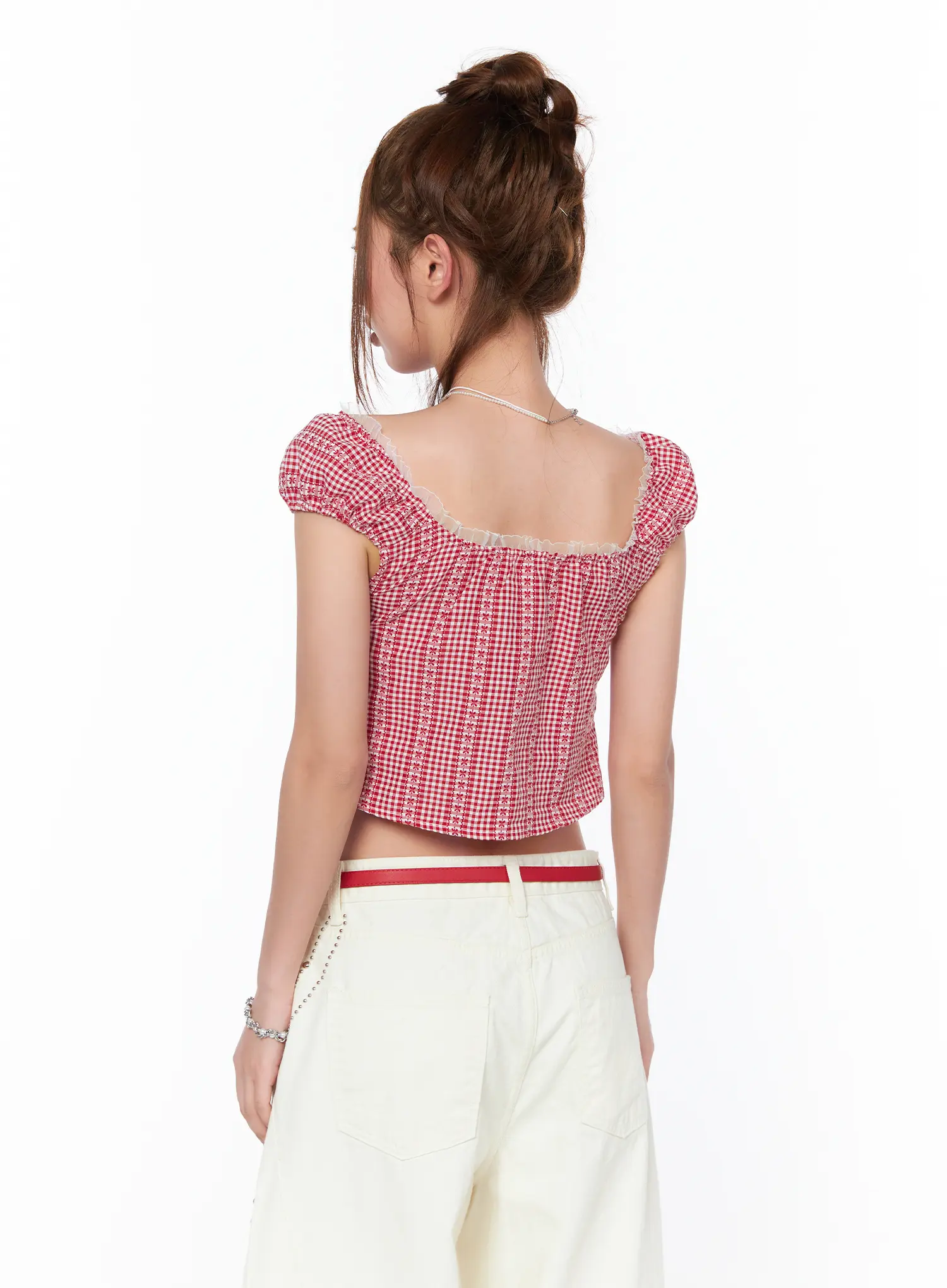 Frill Trimmed Gingham Short Sleeve Blouse CA514 - Image 8