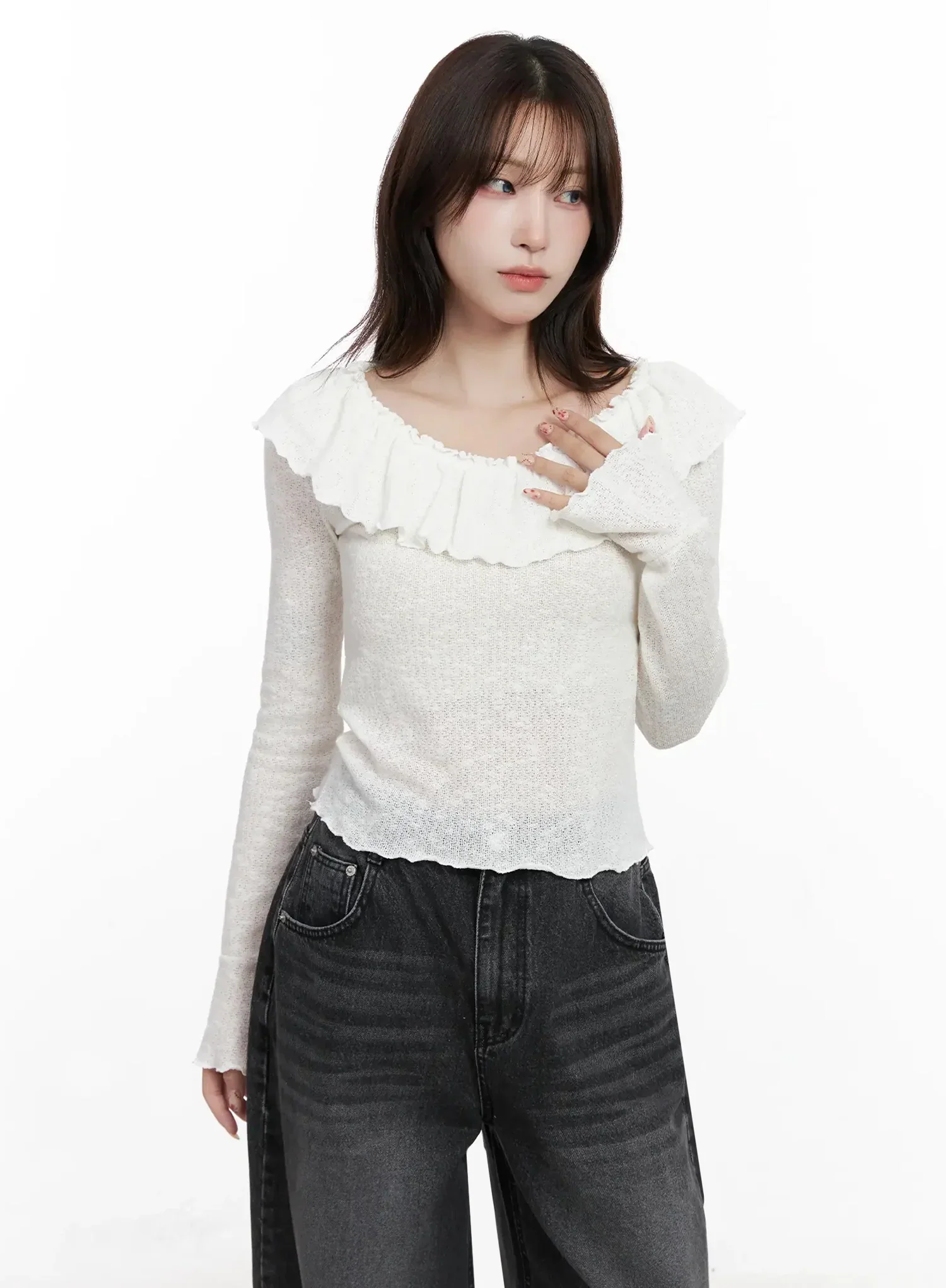 Frilled Off-Shoulder Long Sleeve Top IN514 - Image 5
