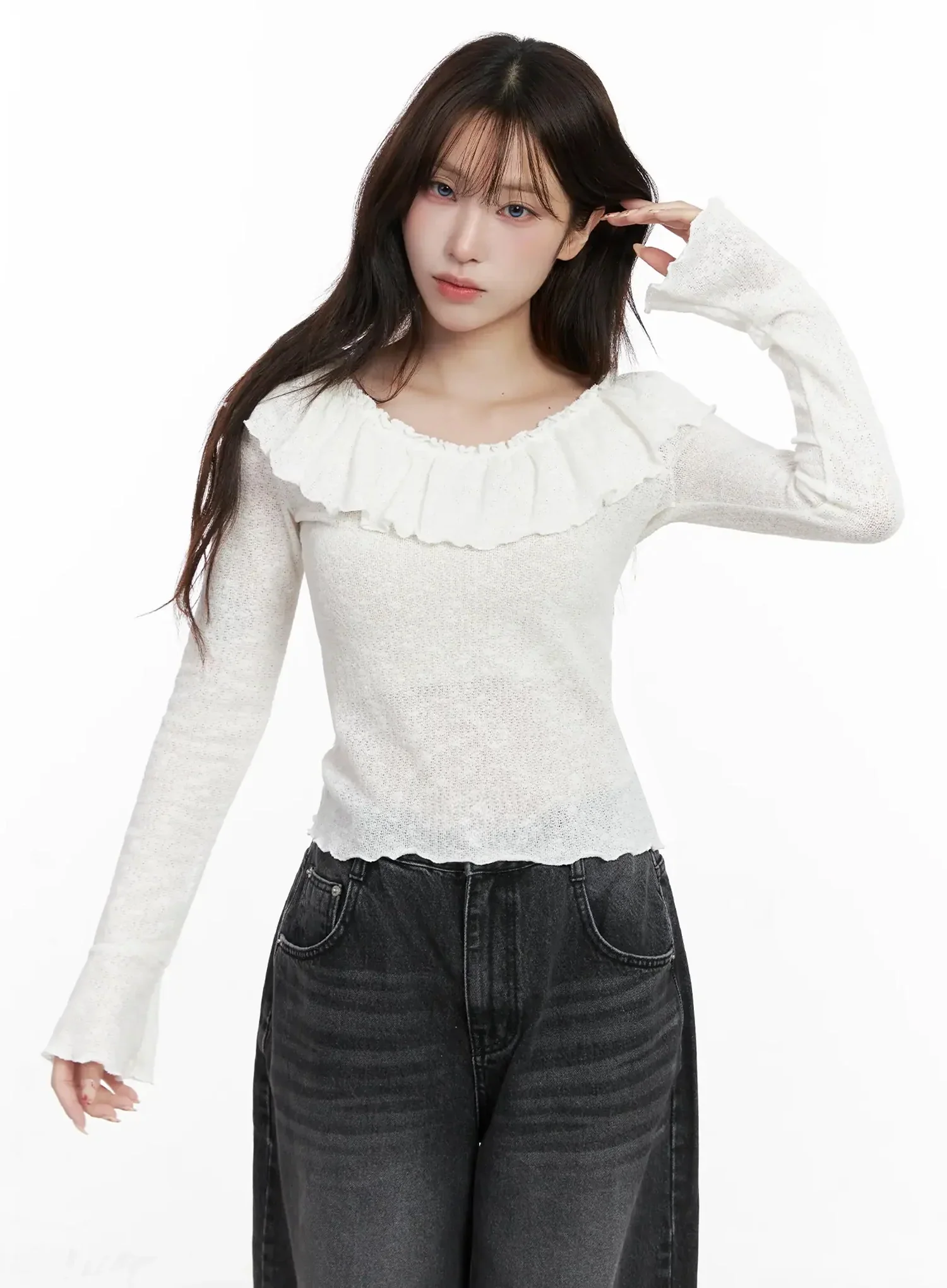 Frilled Off-Shoulder Long Sleeve Top IN514 - Image 6