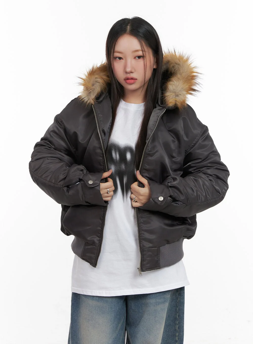 Fur Detail Hooded Bomber Jacket CD411 - Image 13