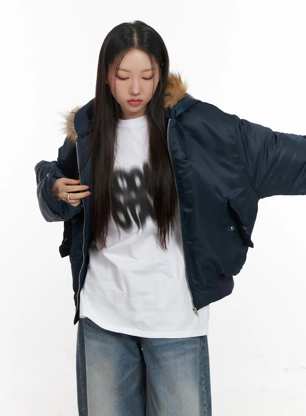 Fur Detail Hooded Bomber Jacket CD411 - Image 14