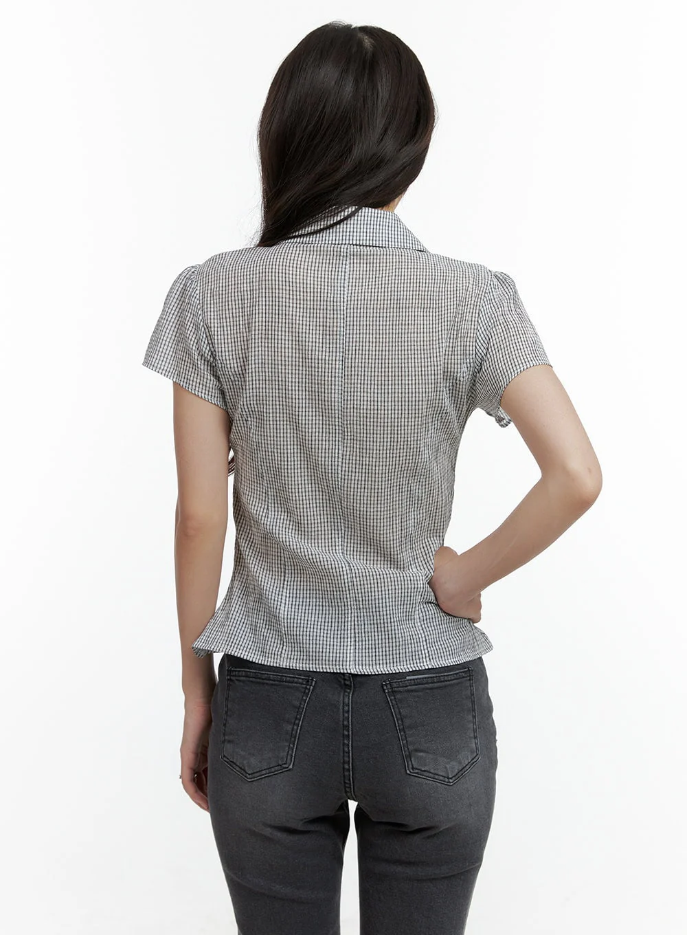 Gingham Buttoned Collar Short Sleeve Blouse CL410 - Image 5