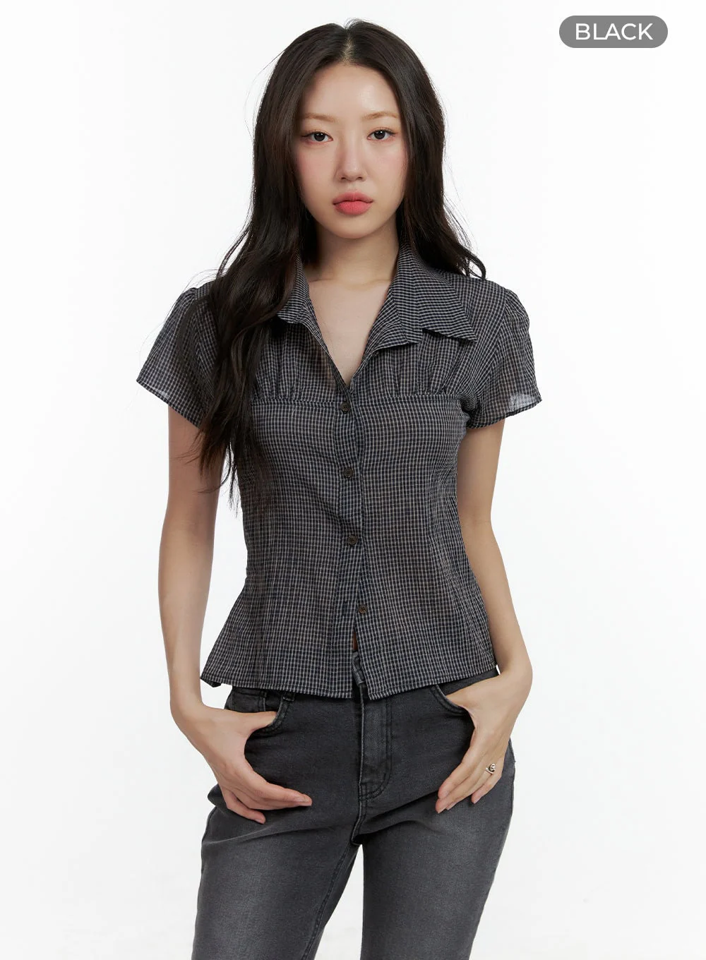 Gingham Buttoned Collar Short Sleeve Blouse CL410 - Image 7