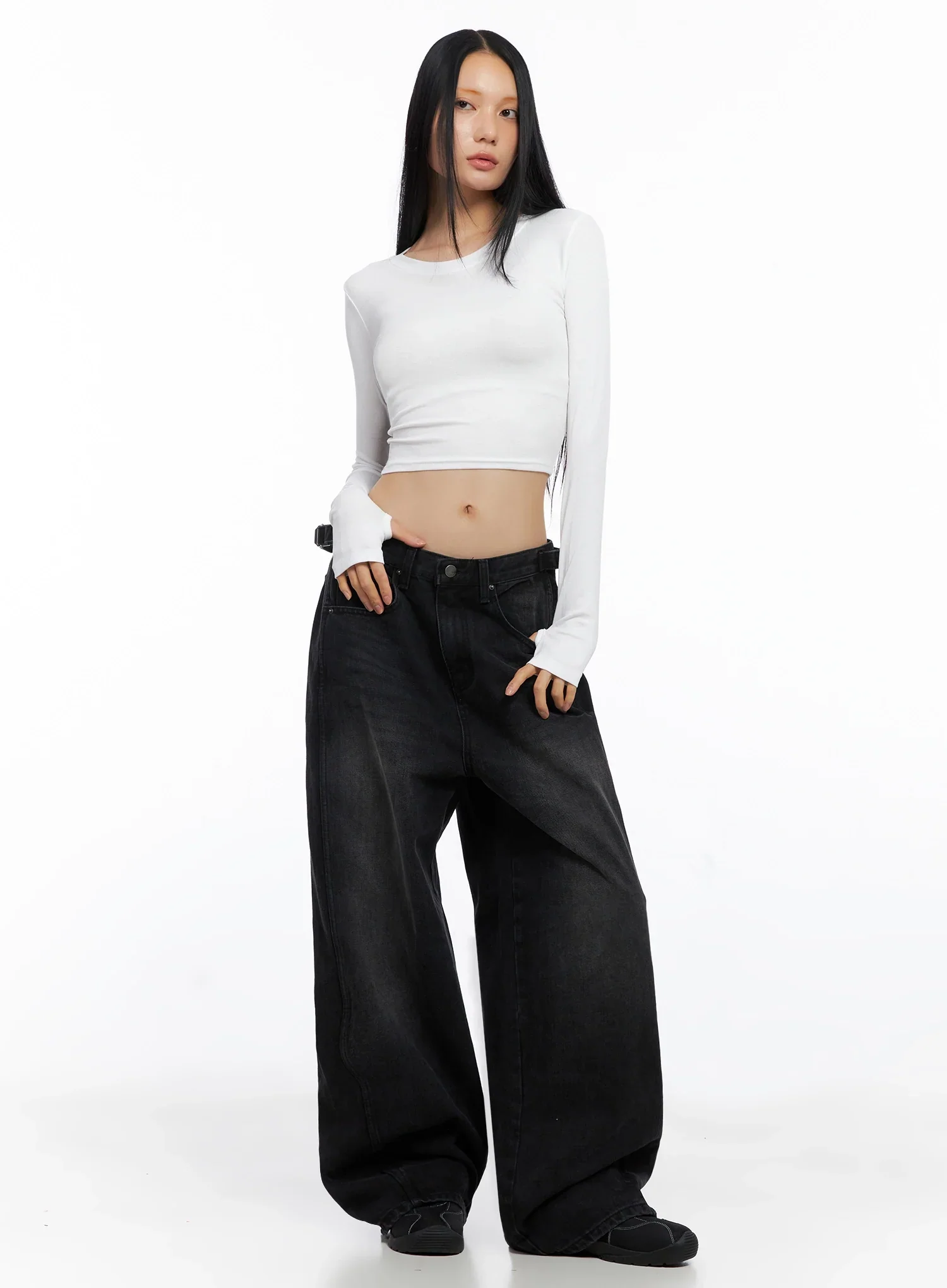 Goffel Side Belt Washed Wide Denim Pants IO517 - Image 5