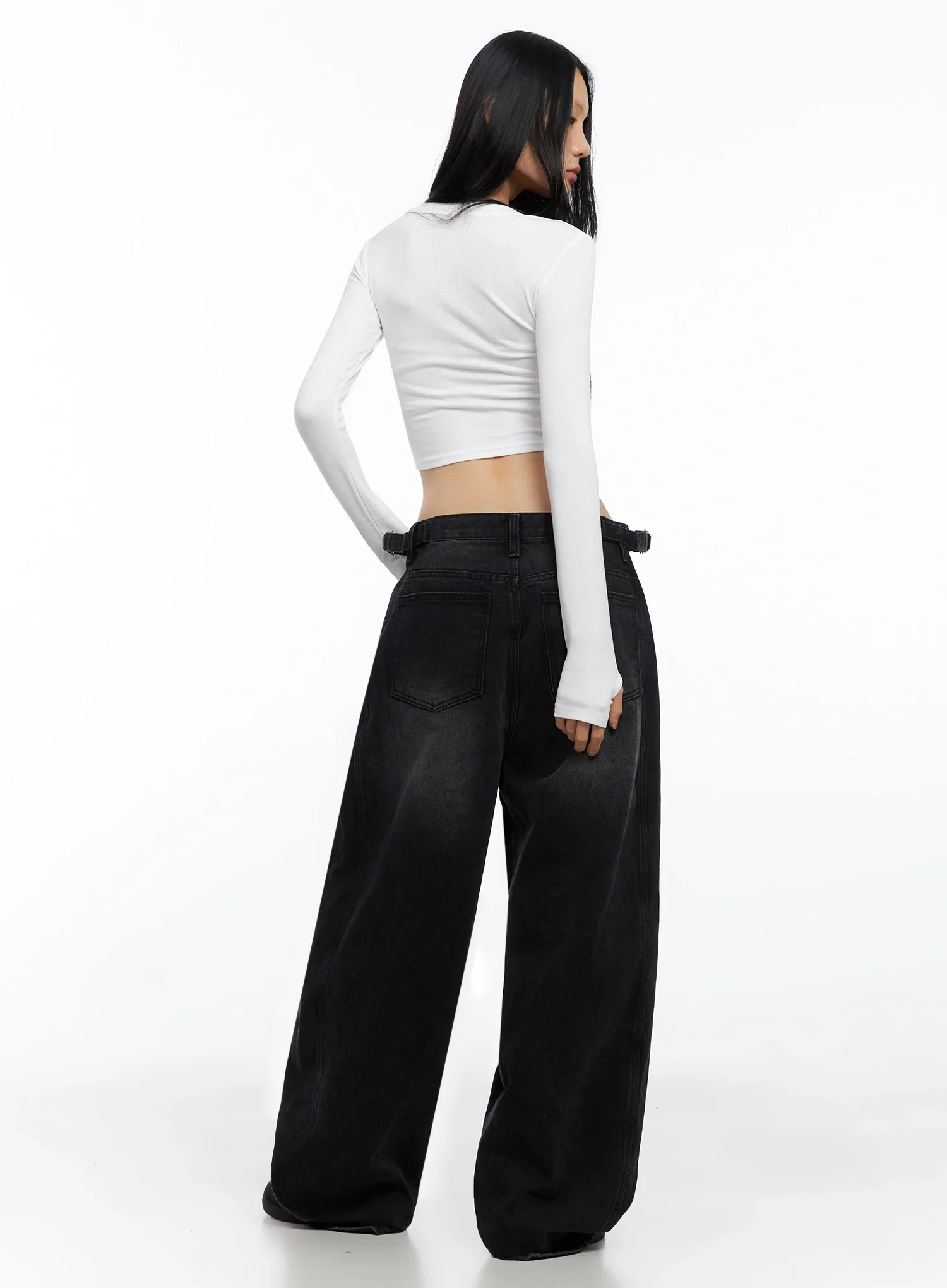 Goffel Side Belt Washed Wide Denim Pants IO517 - Image 7